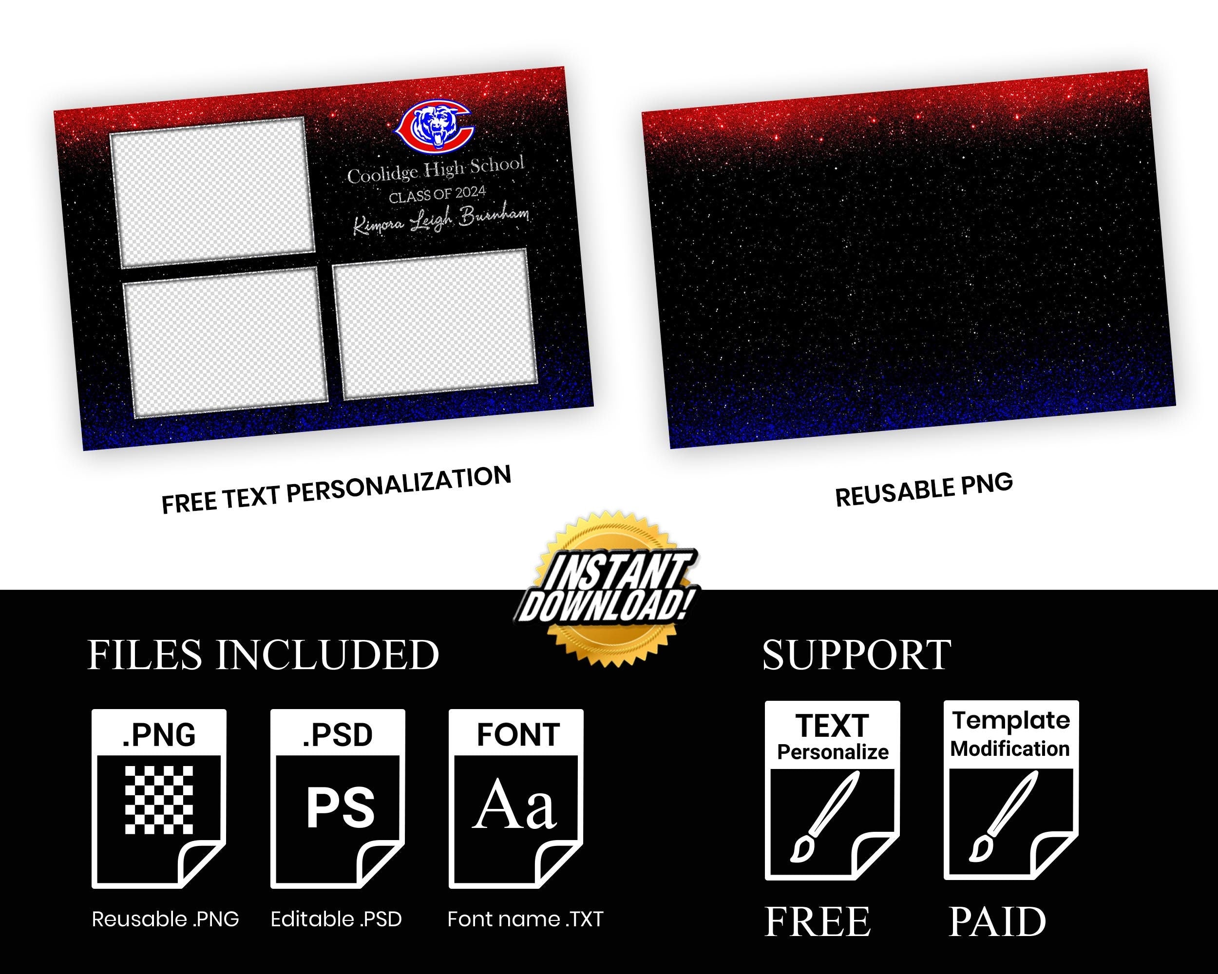 Graduation Celebration Party Photobooth Template Class of 2023 Red Blue Glitter Prom photo booth template Grad