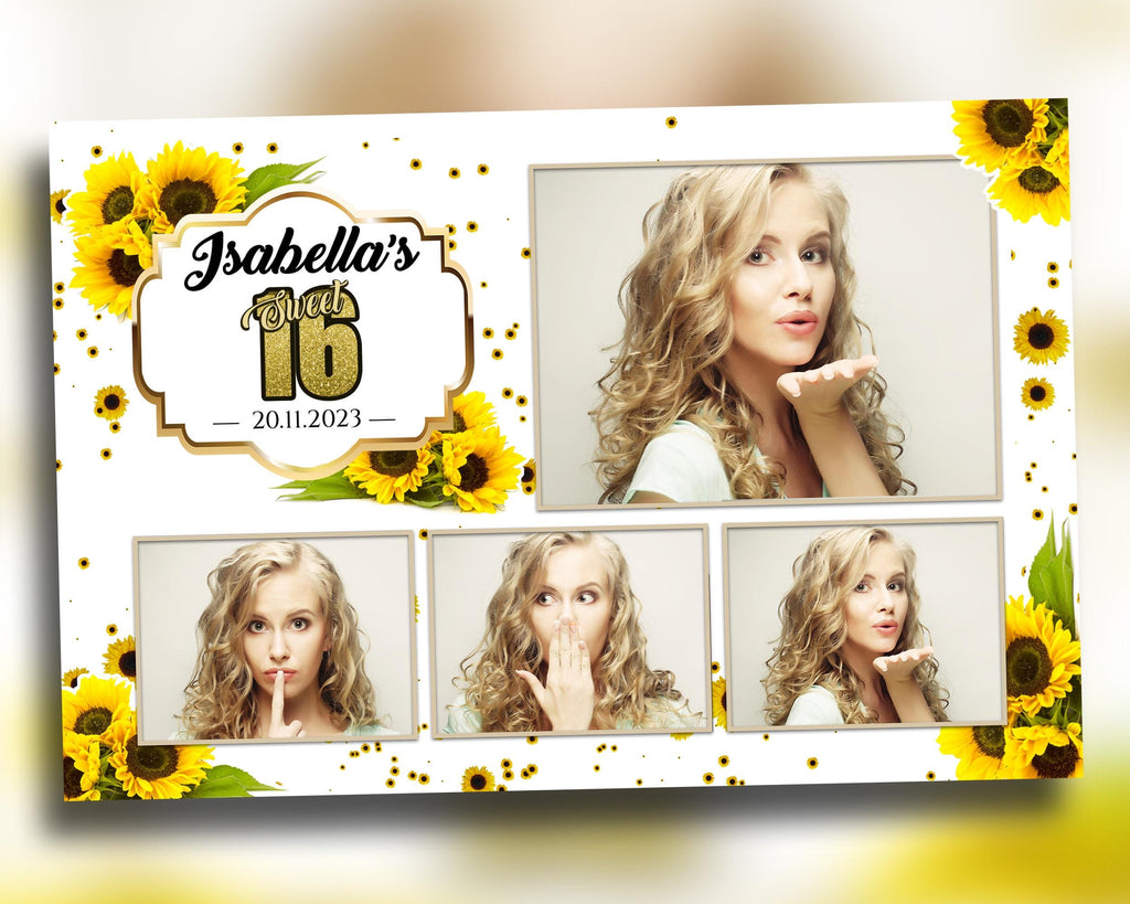 Sunflower Birthday Photobooth Template 4x6 postcard Sweet 16 Quinceañera mirror booth template with gold glitter mis quince - layout 9 BM8