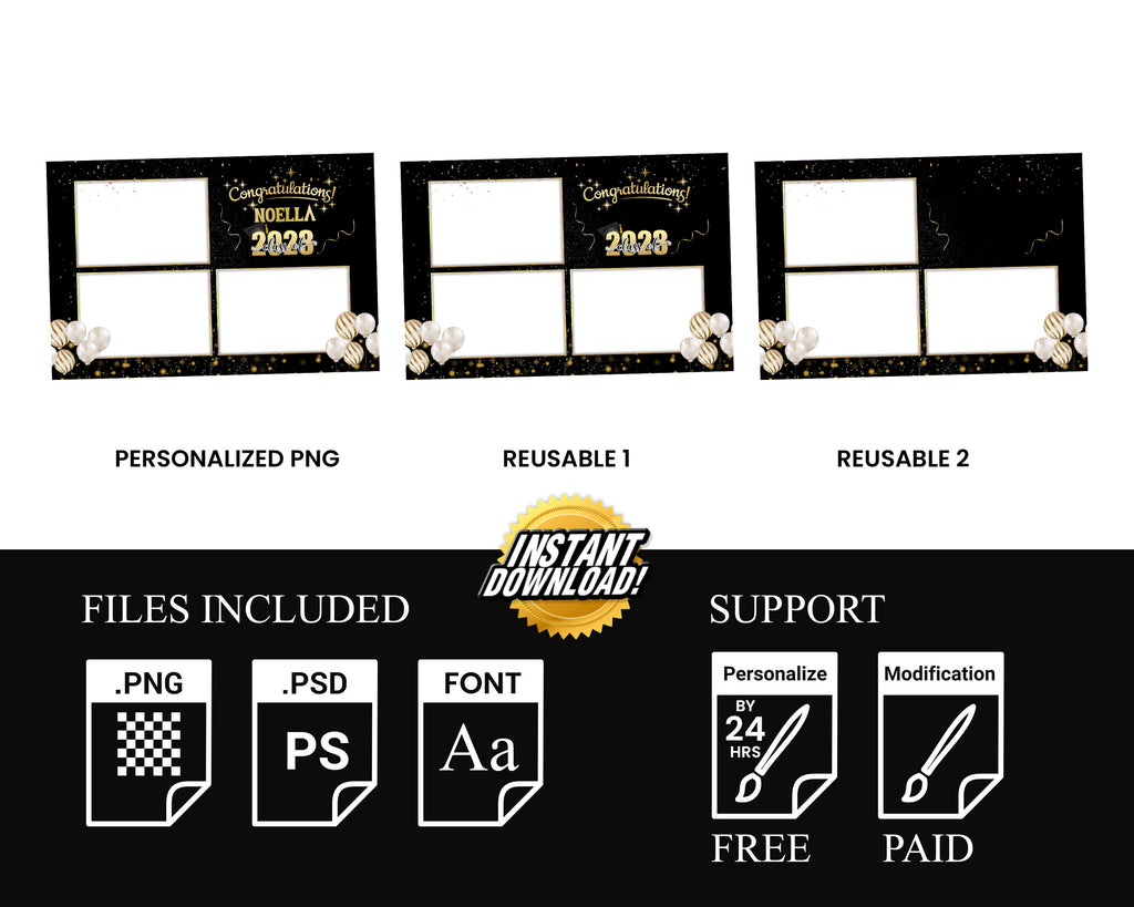 Class of 2023 Black & Gold Graduation Photobooth Template Stylish Elegant 4x6 Postcard Triple photo photo booth template PSD PNG Font Link