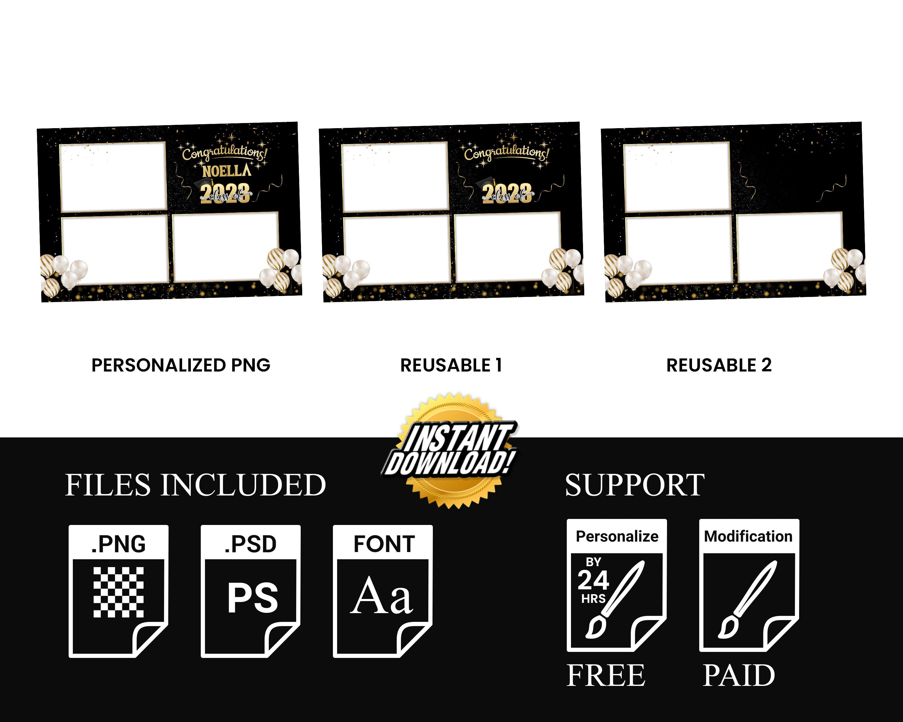 Class of 2023 Black & Gold Graduation Photobooth Template Stylish Elegant 4x6 Postcard Triple photo photo booth template PSD PNG Font Link