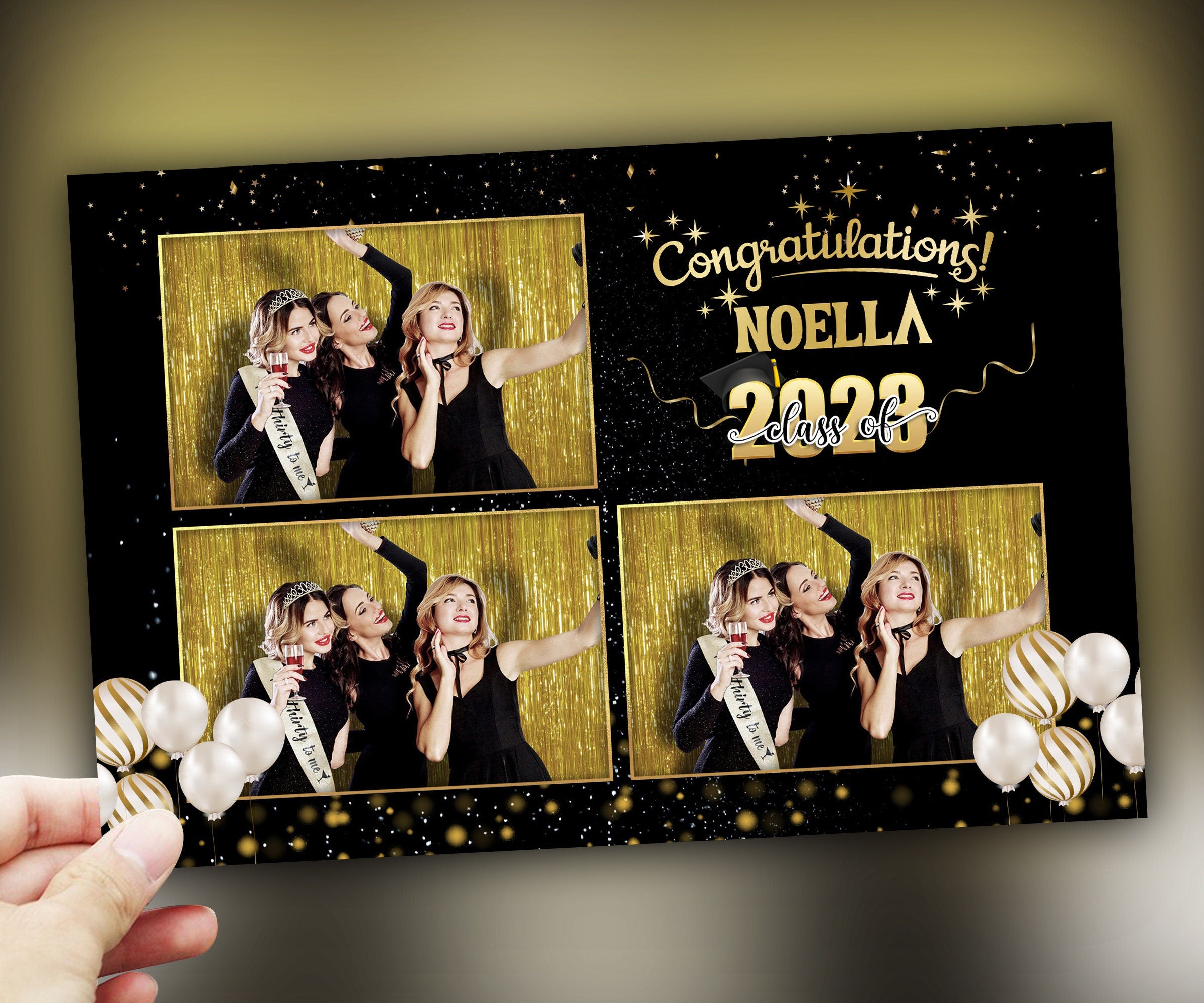 Class of 2023 Black & Gold Graduation Photobooth Template Stylish Elegant 4x6 Postcard Triple photo photo booth template PSD PNG Font Link
