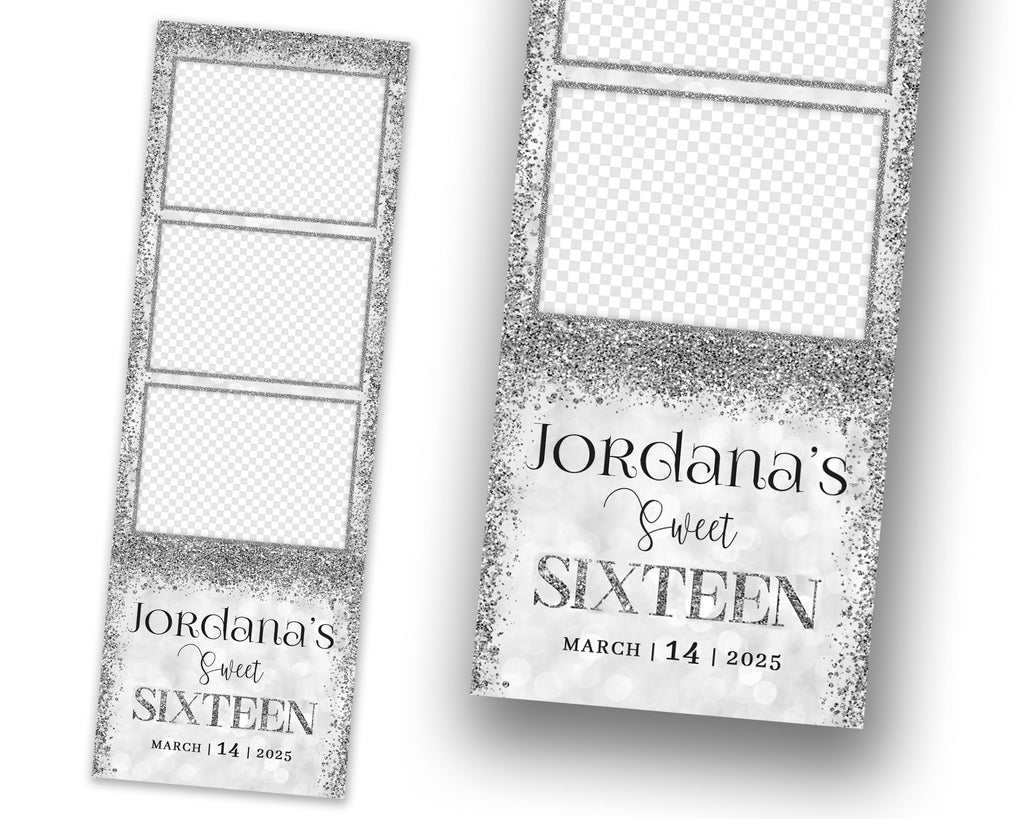 Silver Photo Booth Birthday Sweet 16 Photobooth Template Mis Quince, Quinceanera, XV Overlay 2x6 Strip Sparkle Glitter 1099