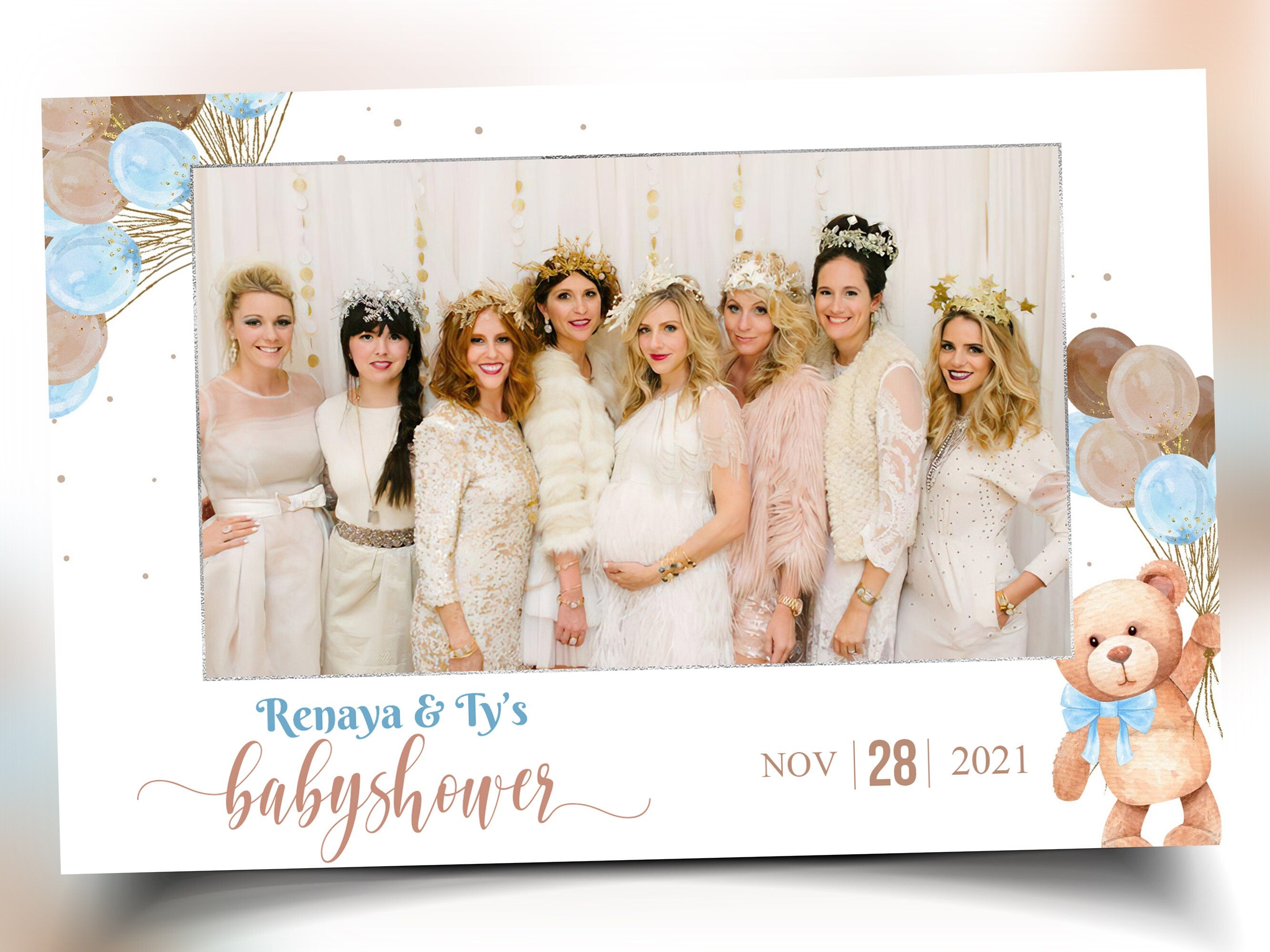 Baby Shower Photo booth Template 4x6 single photo Teddy Bear Babyshower boy sky blue brown tan balloon 1st birthday Photobooth Template BS1