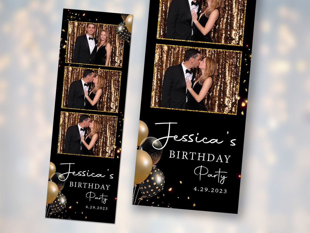 Birthday Photobooth Template Black with Gold and Silver balloons 2x6 Stripe Sweet 16 Photo Booth Template Darkroom DSLR Booth PNG BM2