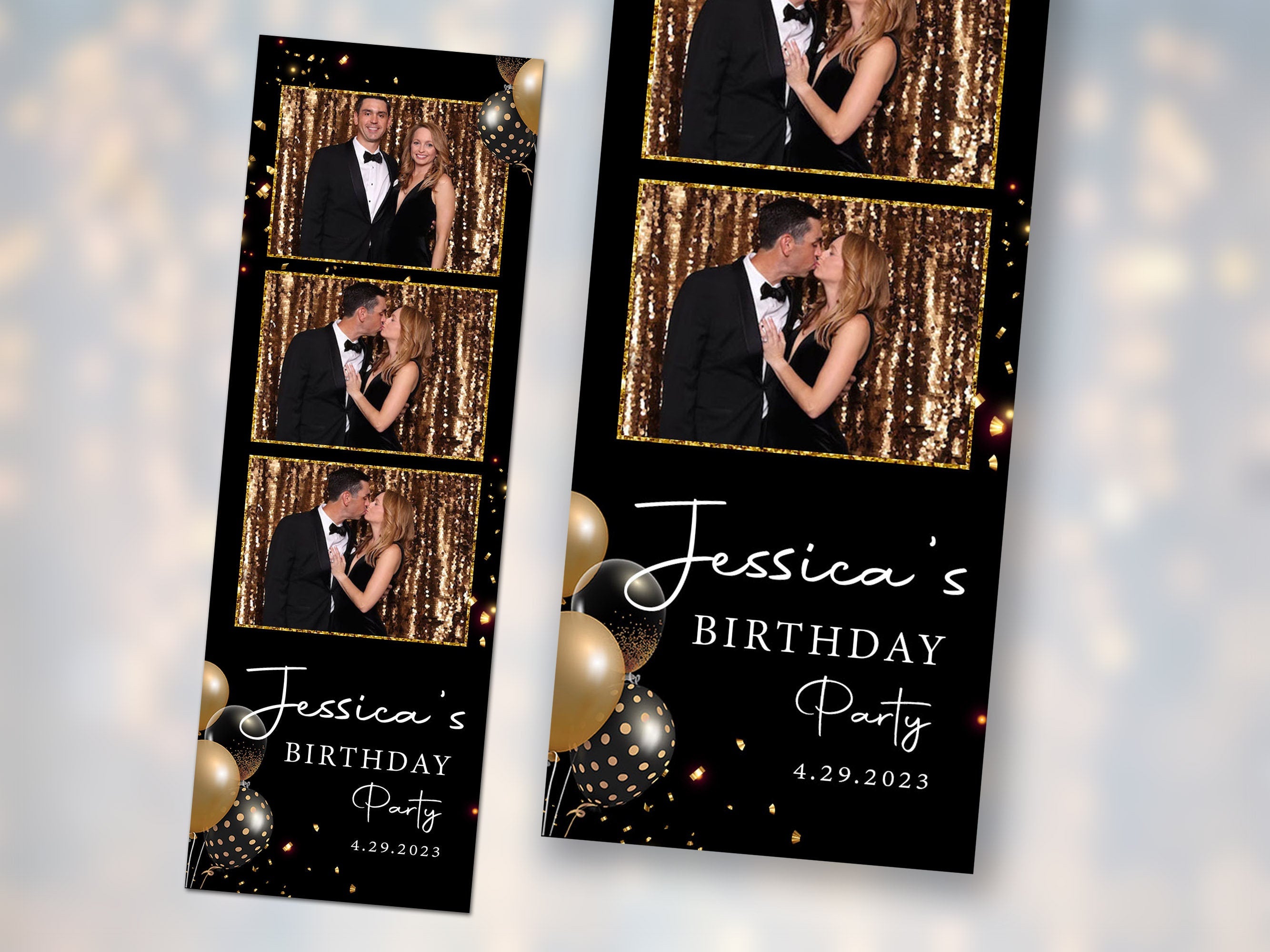 Birthday Photobooth Template Black with Gold and Silver balloons 2x6 Stripe Sweet 16 Photo Booth Template Darkroom DSLR Booth PNG BM2