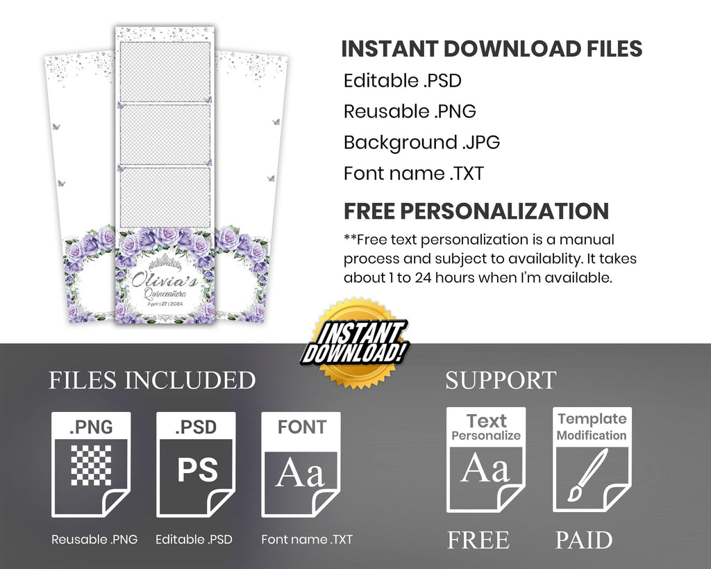 Birthday, Sweet 16, Quince Photobooth Template, Quinceañera Photo Booth, Purple Floral Birthday Photo Booth Template, Purple Flower, 1104