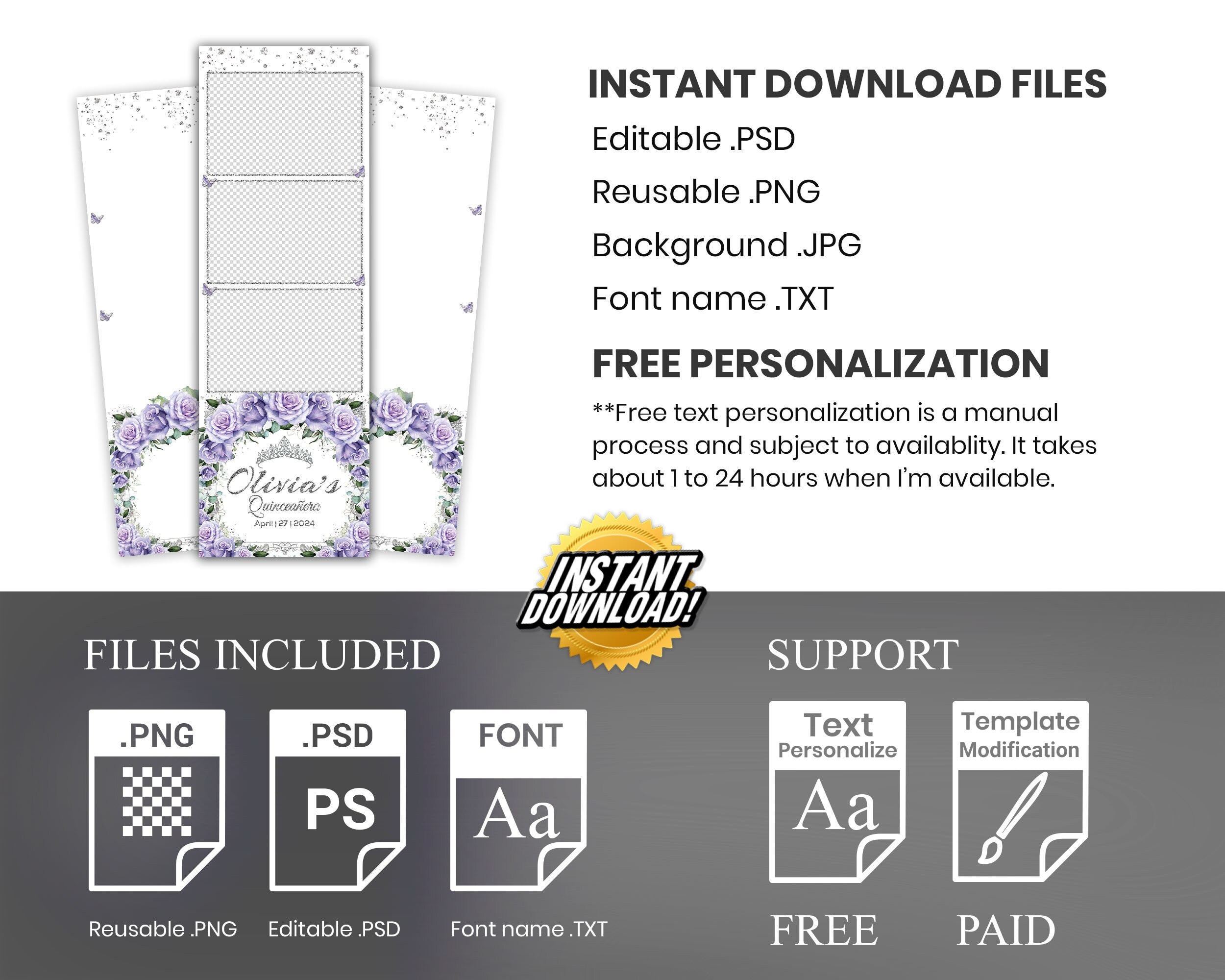 Birthday, Sweet 16, Quince Photobooth Template, Quinceañera Photo Booth, Purple Floral Birthday Photo Booth Template, Purple Flower, 1104