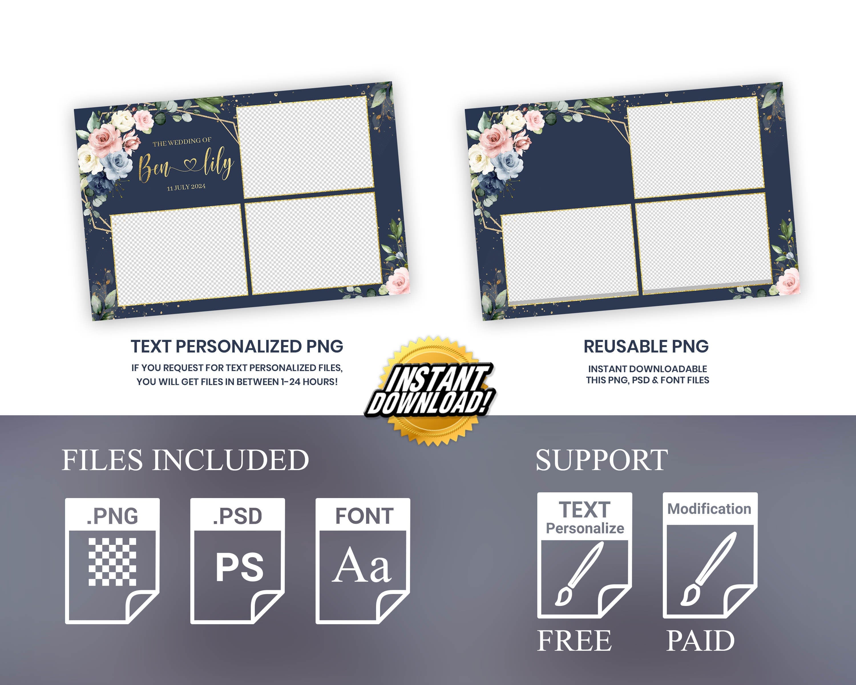 Blue wedding floral photobooth template, Anniversary floral blush greenery and flowers, Gold geomatric text editable photo booth 1054