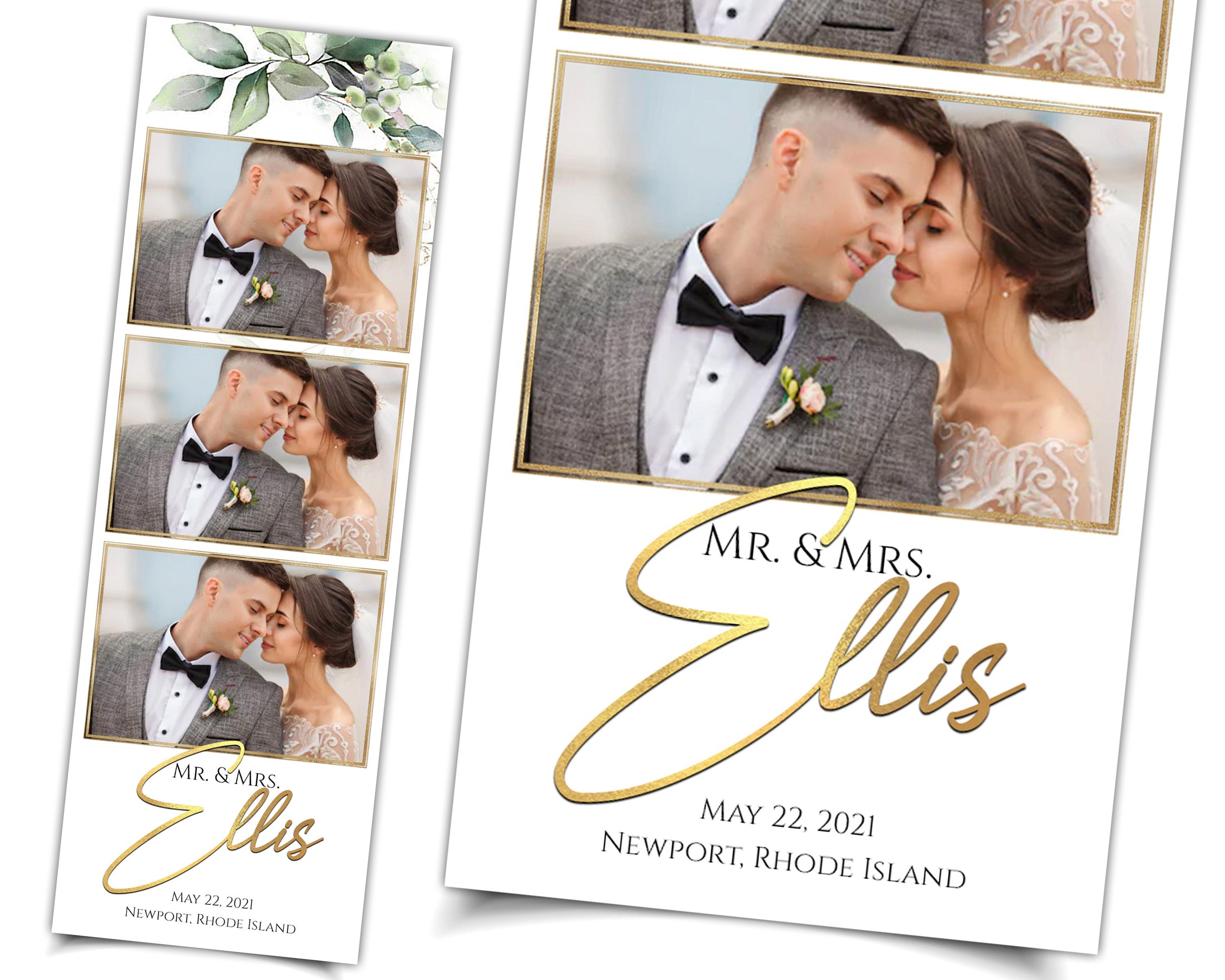 Wedding Bridal Shower green Photobooth Template Floral leaves Anniversary Photo Booth Template 2x6 photo strip botanic watercolor with fonts