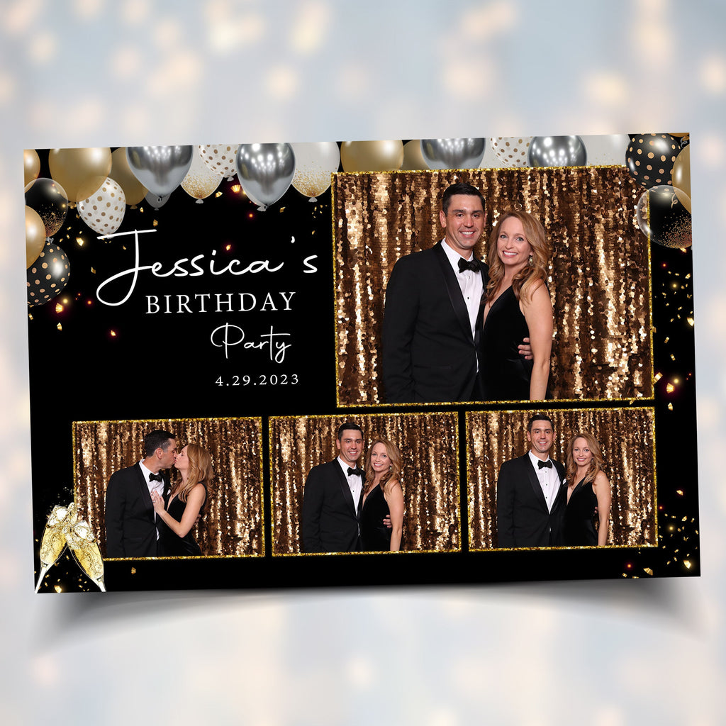 Birthday Photobooth Template Black Gold and Silver balloons 4x6 Landscape Postcard Layout 4 photo shot Sweet 16 Photo Booth Template BM2