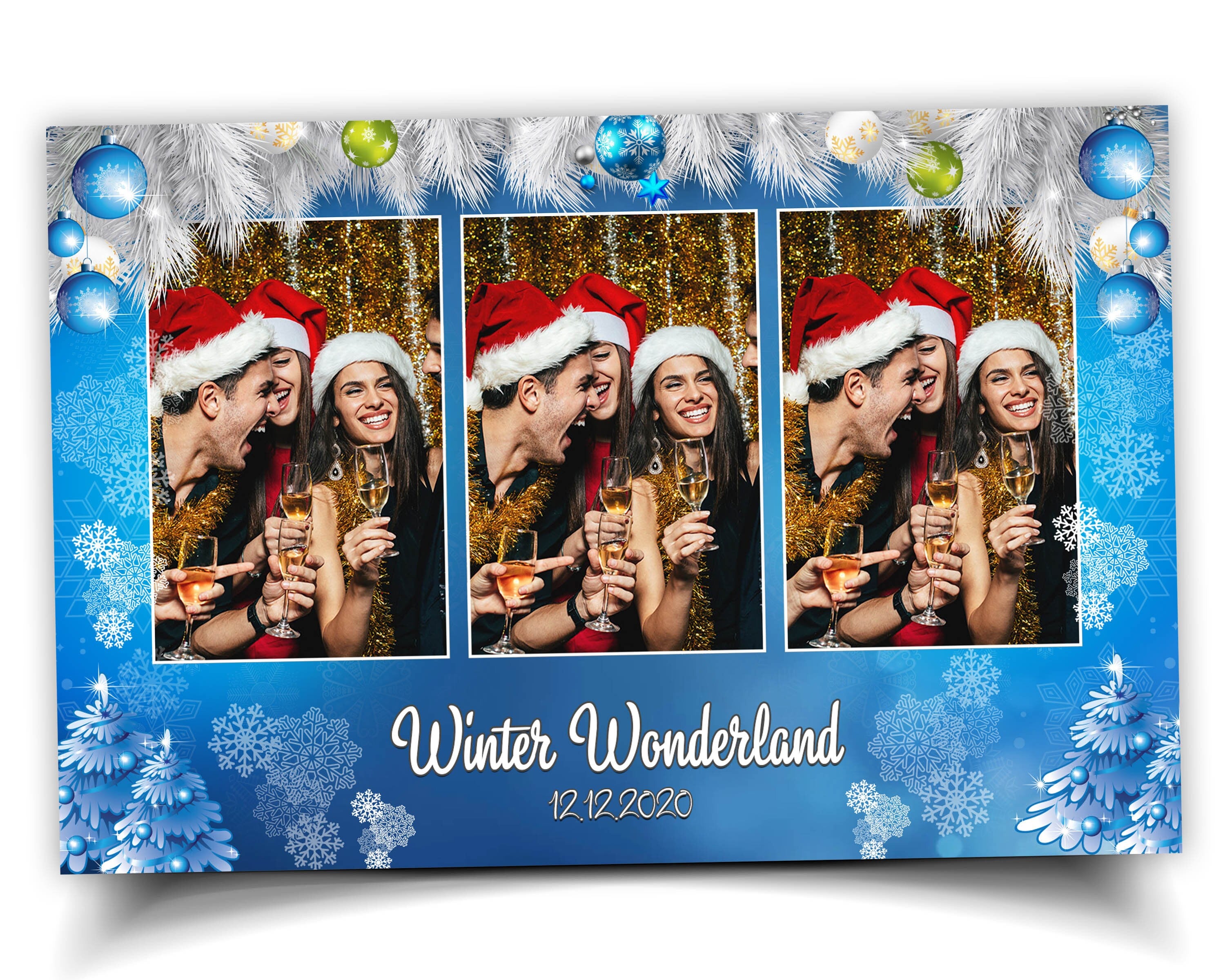 Winter Wonderland & Merry Christmas Holiday Party Mirror Photobooth Template, New Year 2023 4x6 Landscape white pine tree snow flakes