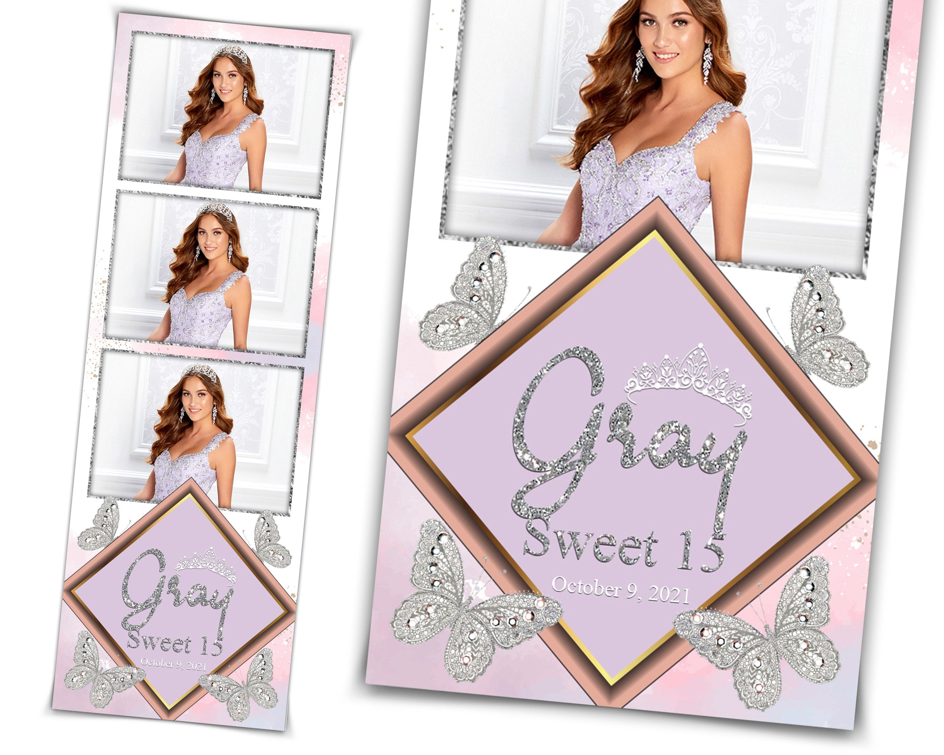 Silver Butterfly Quinceañera Sweet 16 Photobooth template 2x6 strip sweet 15 birthday Silver Quinceanera photo booth template