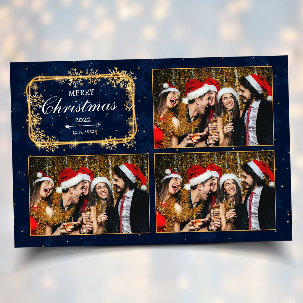 Christmas Photobooth Template Navy Blue & Gold 4x6 Landscape postcard 3 shot Photo booth Xmas Holiday Party 2023 new year eve 2024 Template