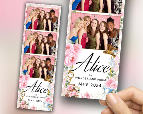 Alice in Wonderland Prom Photo Booth Template 2x6 stripe pink floral gold text editable