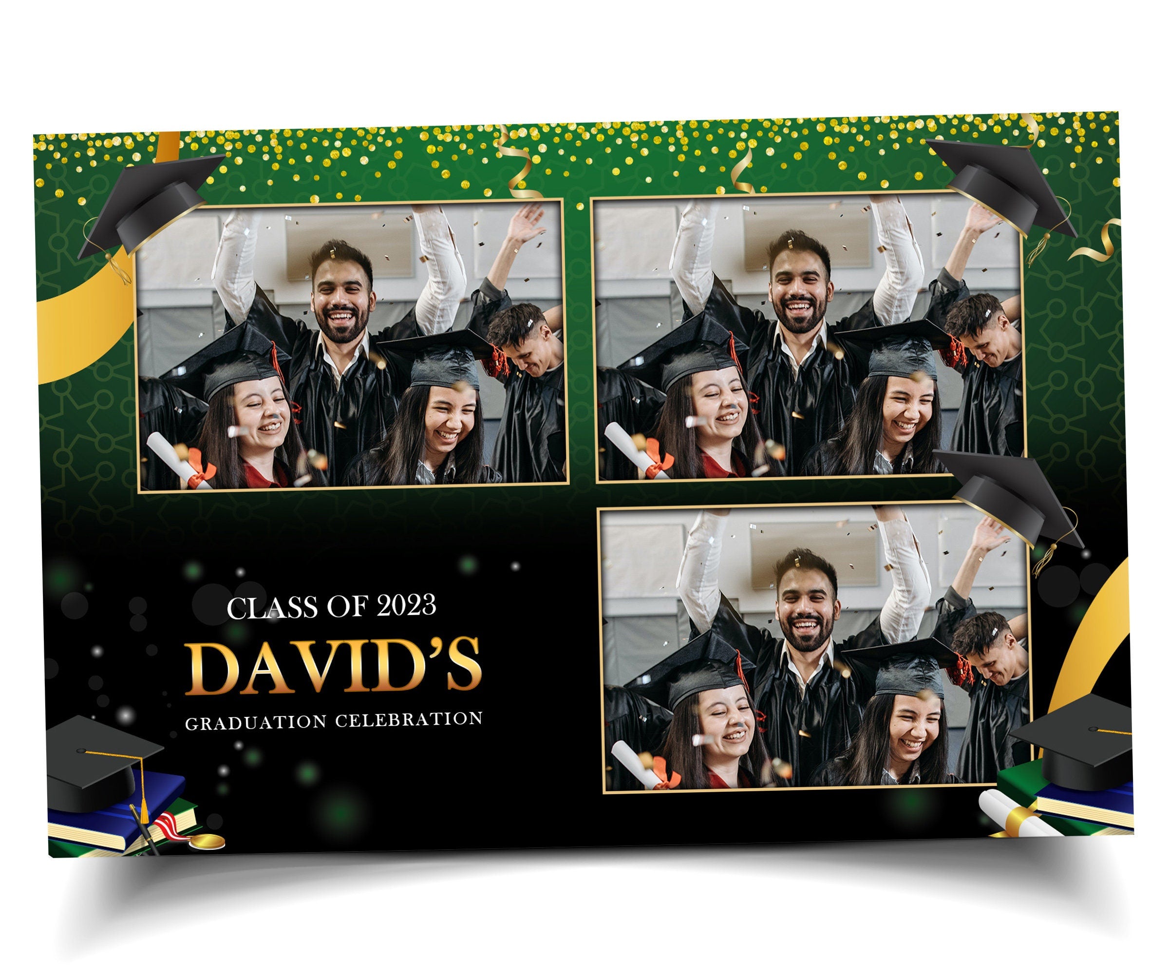 Class Of 2023 Graduation Photobooth template 4x6 green & gold with orange, yellow and glitters 3 photo postcard layout PSD PNG and Font link