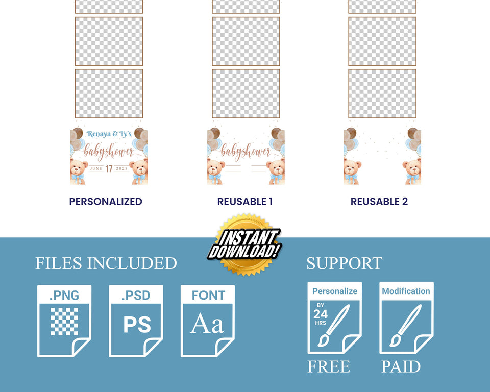 Baby Shower Photo booth Template 2x6 strip Teddy Bear Babyshower it's a boy sky blue brown tan balloon 1st birthday Photobooth Template BS1