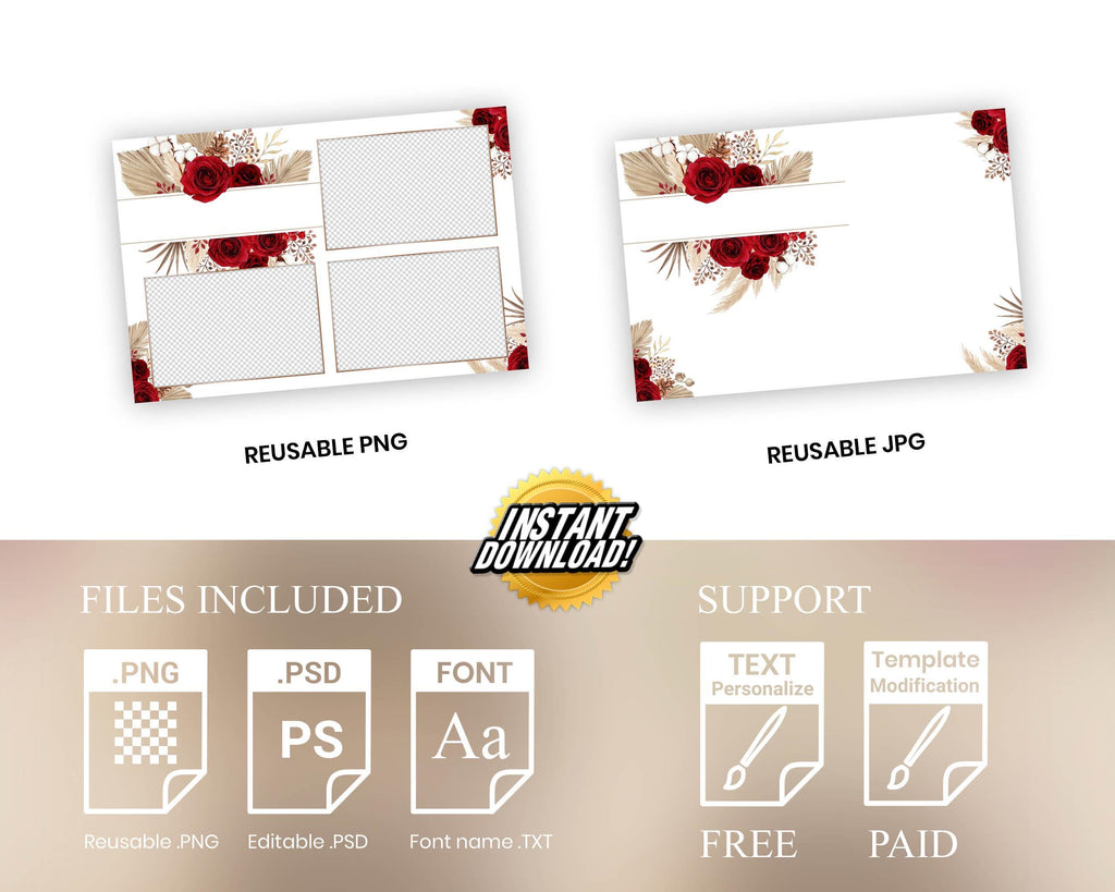 Boho Wedding Photo Booth Template 4x6 Gold Floral Photobooth Overlay 1528