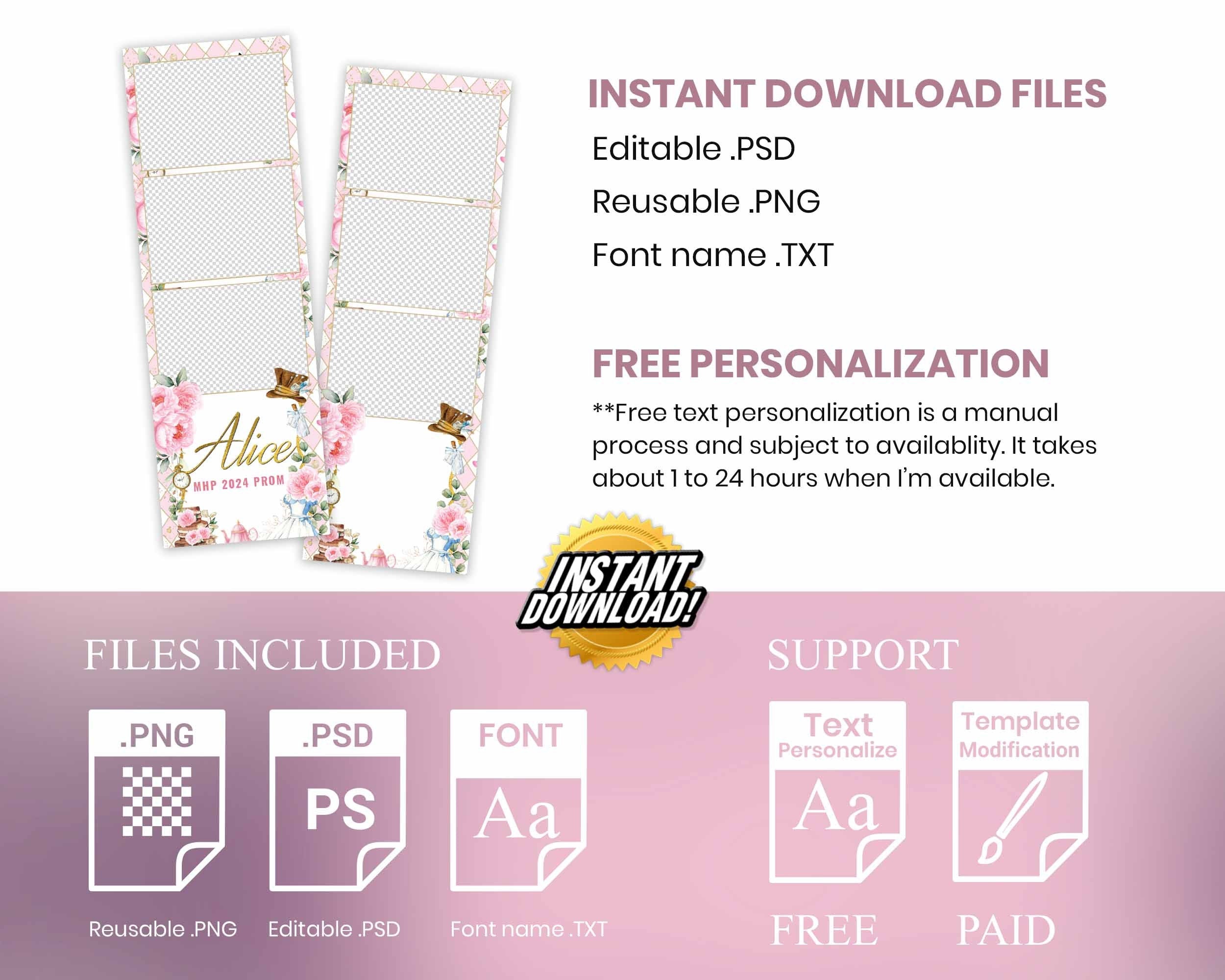 Alice in Wonderland Prom Photo Booth Template 2x6 stripe pink floral gold text editable