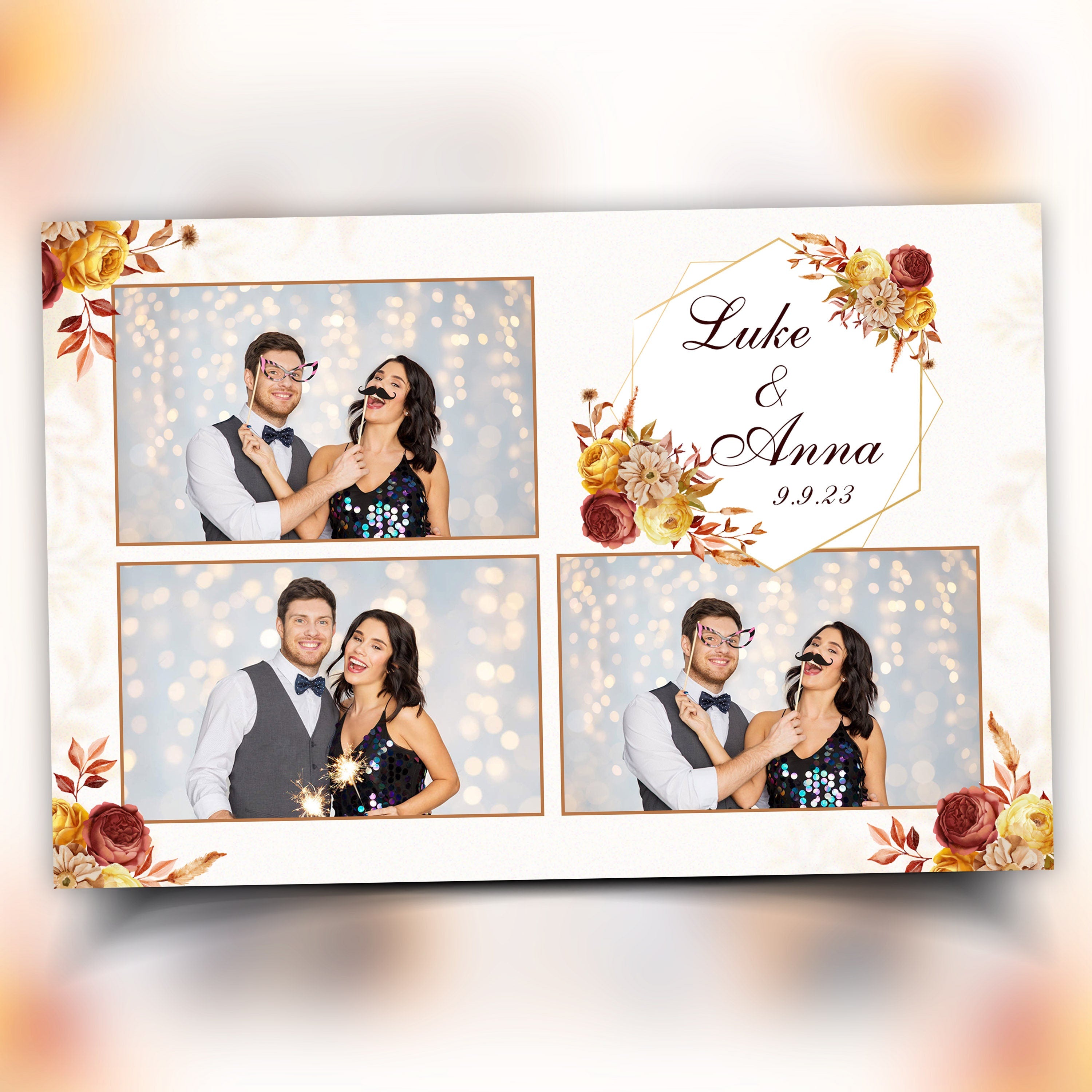 Wedding Photobooth Template Fall theme anniversary Fall Festival Thanksgiving with Burnt Orange & burgundy flowers fall leaves 4x6 3 photo