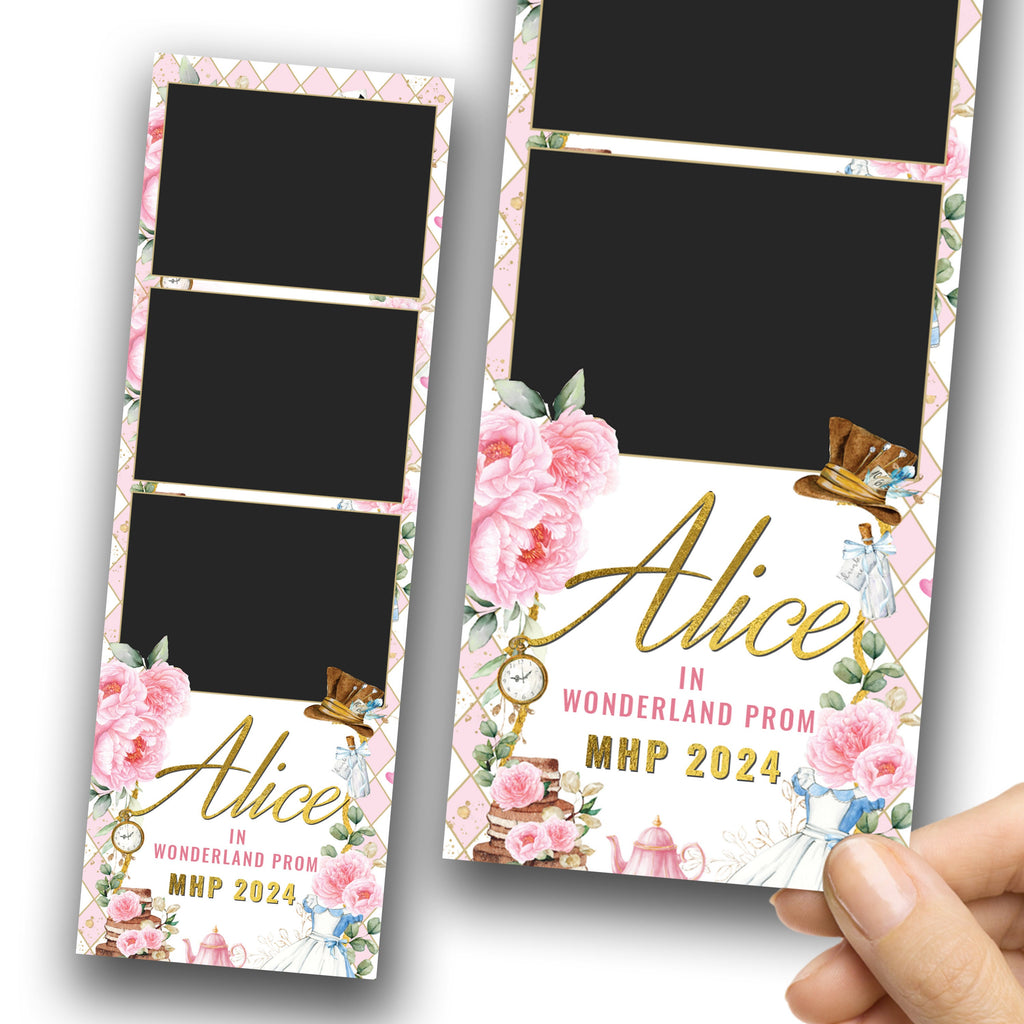 Alice in Wonderland Prom Photo Booth Template 2x6 stripe pink floral gold text editable