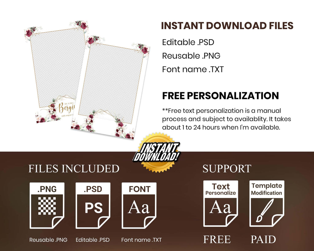 Wedding Photobooth template, Burgundy Flowers Photo Booth, Anniversary, Bridal Shower, Mirror Booth, 360 Overlay