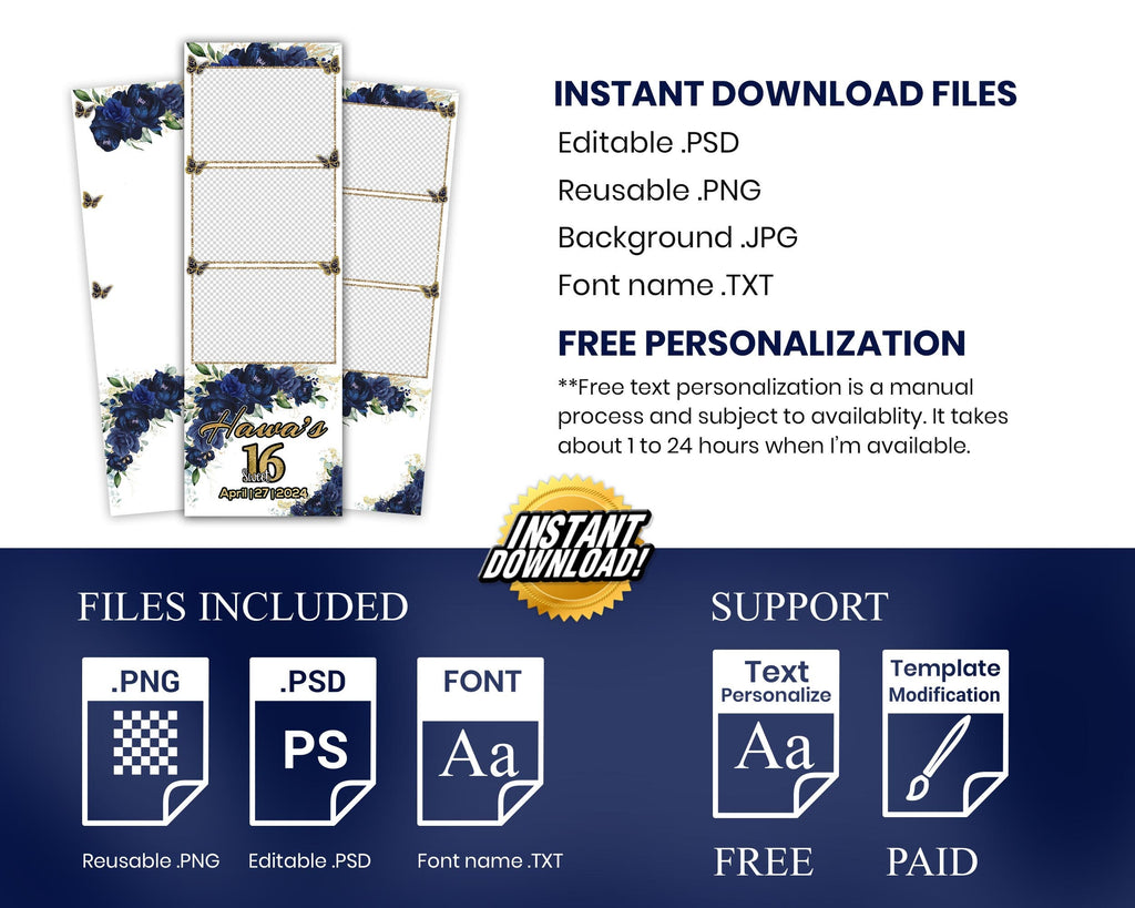 Sweet 16 Photobooth Template, Quinceanera Photo Booth, Birthday Photobooth, Quinceañera, Royal Blue Flower, Floral, Butterfly 1110