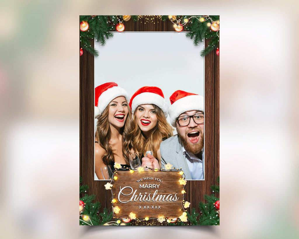 Christmas Photobooth Template 2024 Happy Holidays and New Year Wooden and Greenery with Lights 4x6 Portrait Xmas Photo booth Template CM4