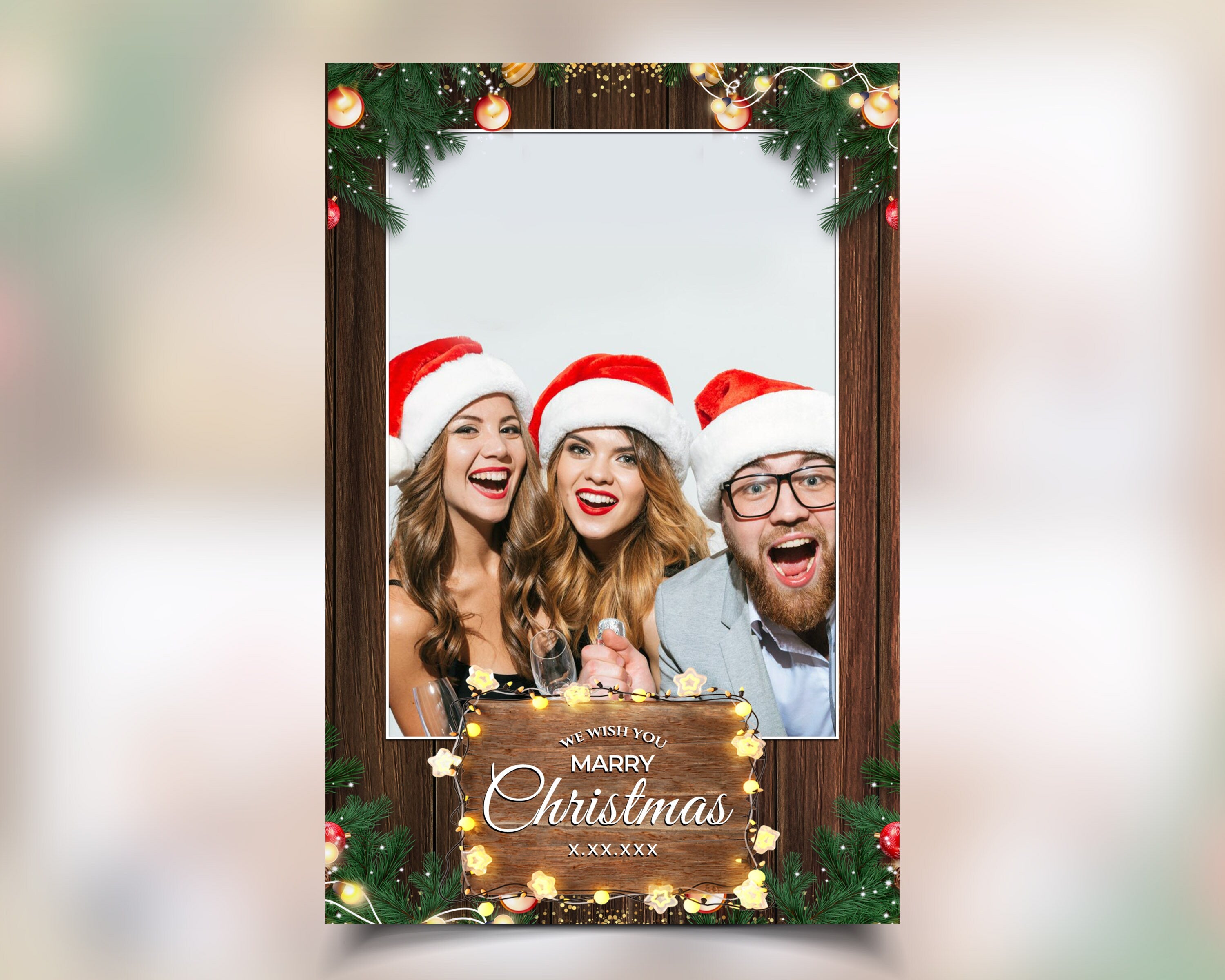 Christmas Photobooth Template 2024 Happy Holidays and New Year Wooden and Greenery with Lights 4x6 Portrait Xmas Photo booth Template CM4