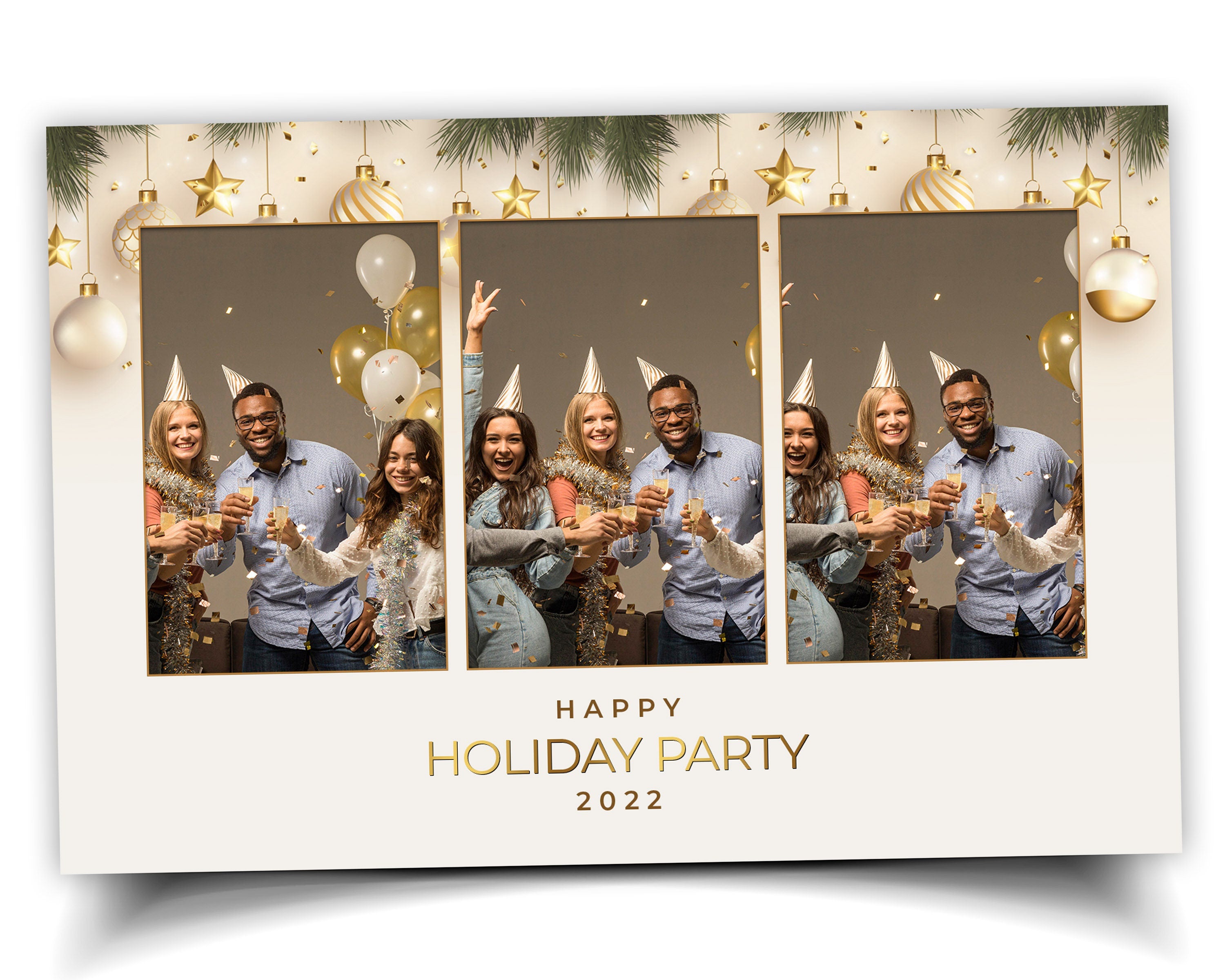 Christmas Photobooth Template 4x6 Landscape 3 Photo 2023 Holiday Party Gold and Green Happy New Year 2024 Xmas Mirror booth Template CM2