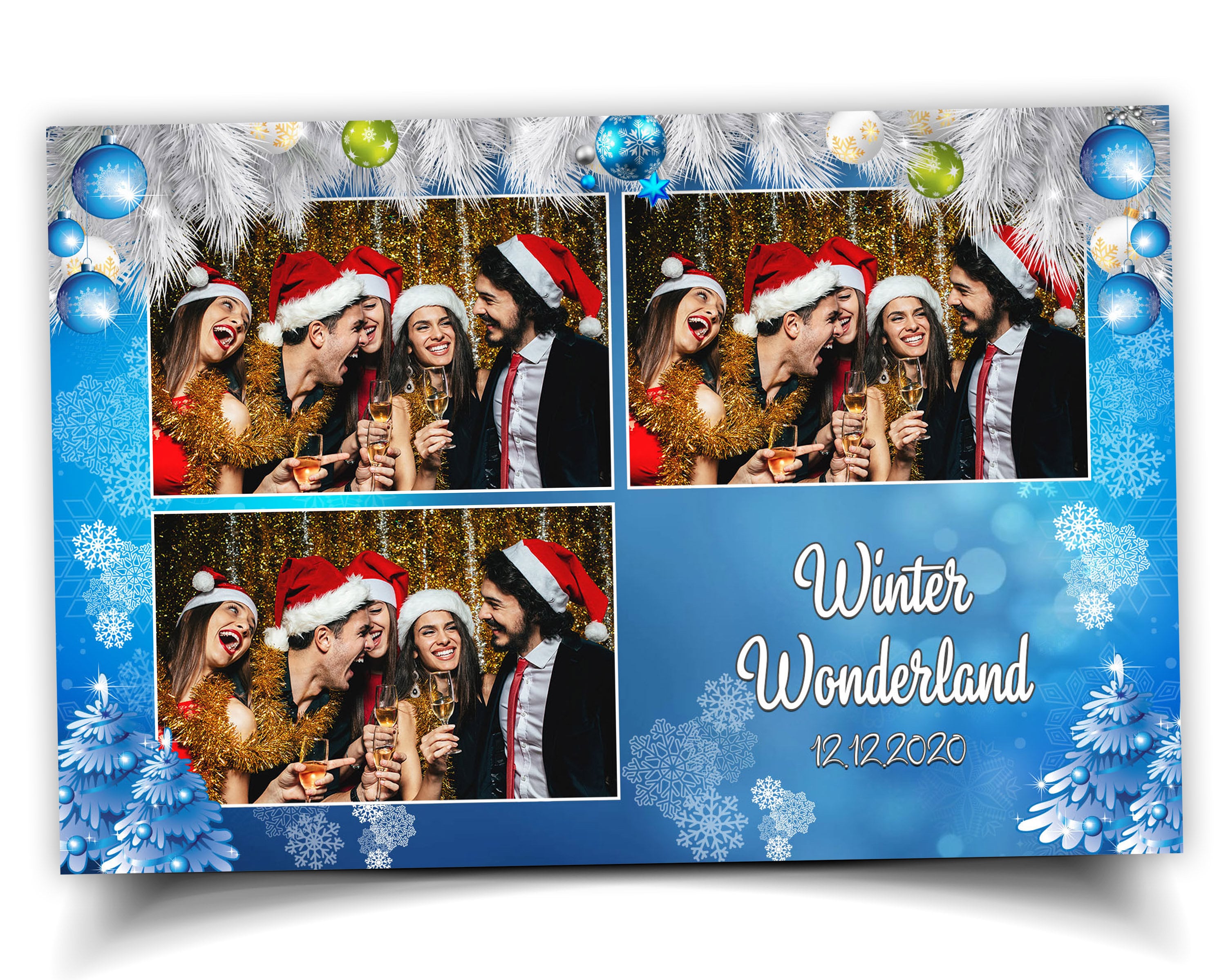 Winter Wonderland & Merry Christmas Holiday Party Photobooth Template 4x6 Postcard layout, New Year 2023  white pine tree snow flakes