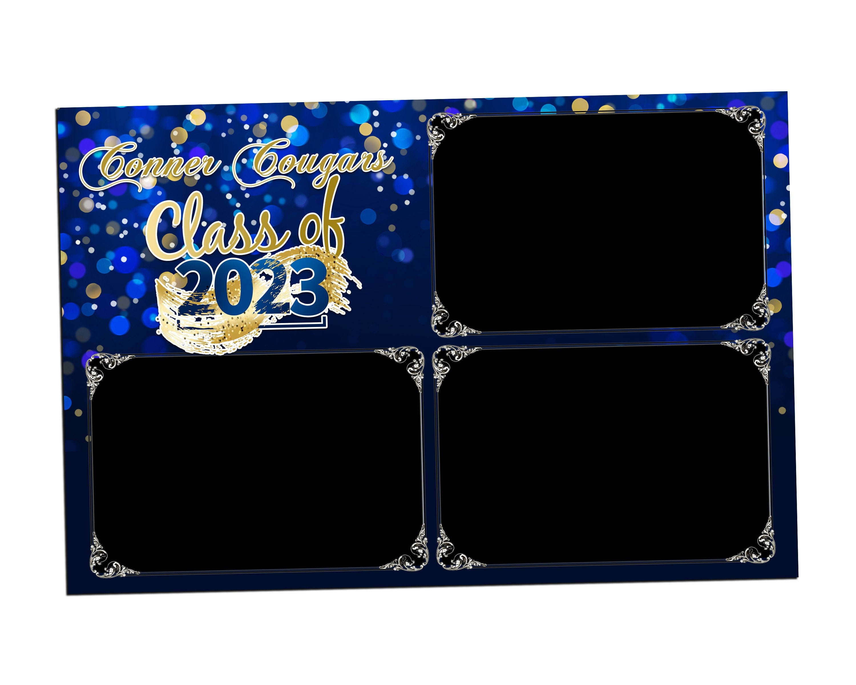 Class of 2023 Greaduation Photobooth template 4x6 triple shot Navy Blue, Royal Blue and Gold photo booth template for graduation,prom party