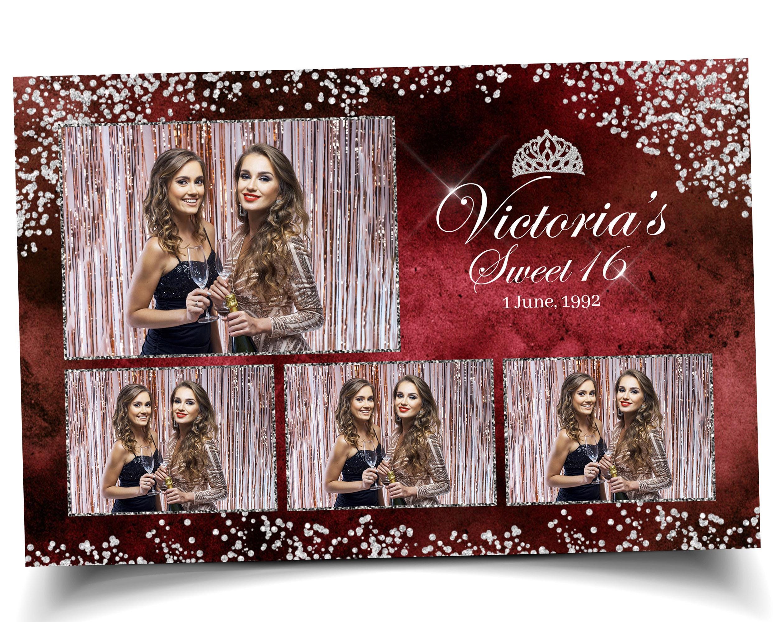 Sweet 16 Quinceañera Birthday Photobooth Template 4x6 3 photo maroon dark red color with silver accent silver glitter crown mis quince S2