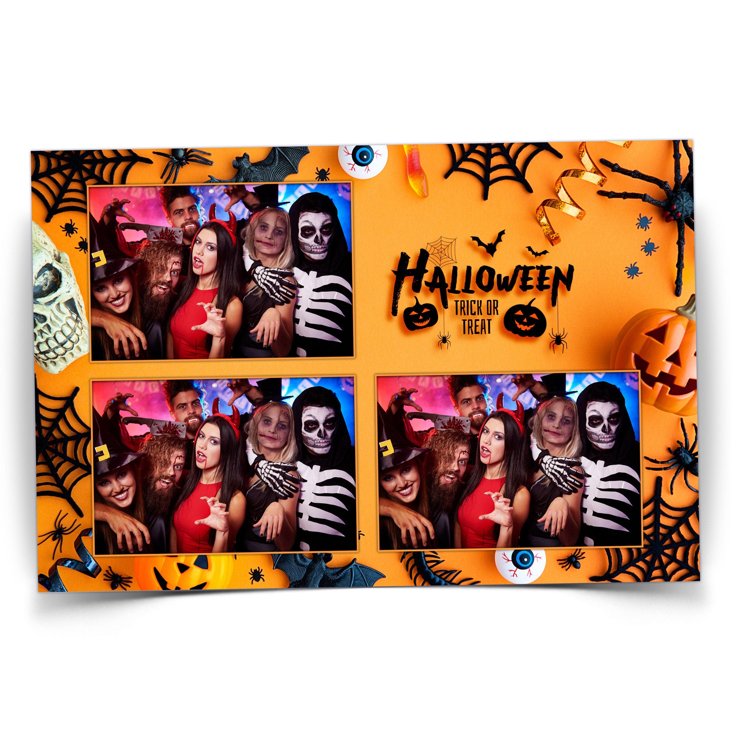 Halloween Photobooth Template 4x6 Trick or Treat Party 2024 Orange Yellow Black Photo booth Pumpkin Template postcard 3 shots PSD PNG Font