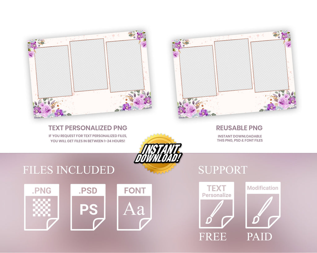 Quinceanera Sweet 16 Birthday Purple Floral Photo Booth Template Flower Greenery Gold Wedding Anniversary Bridal Shower Editable 266-6