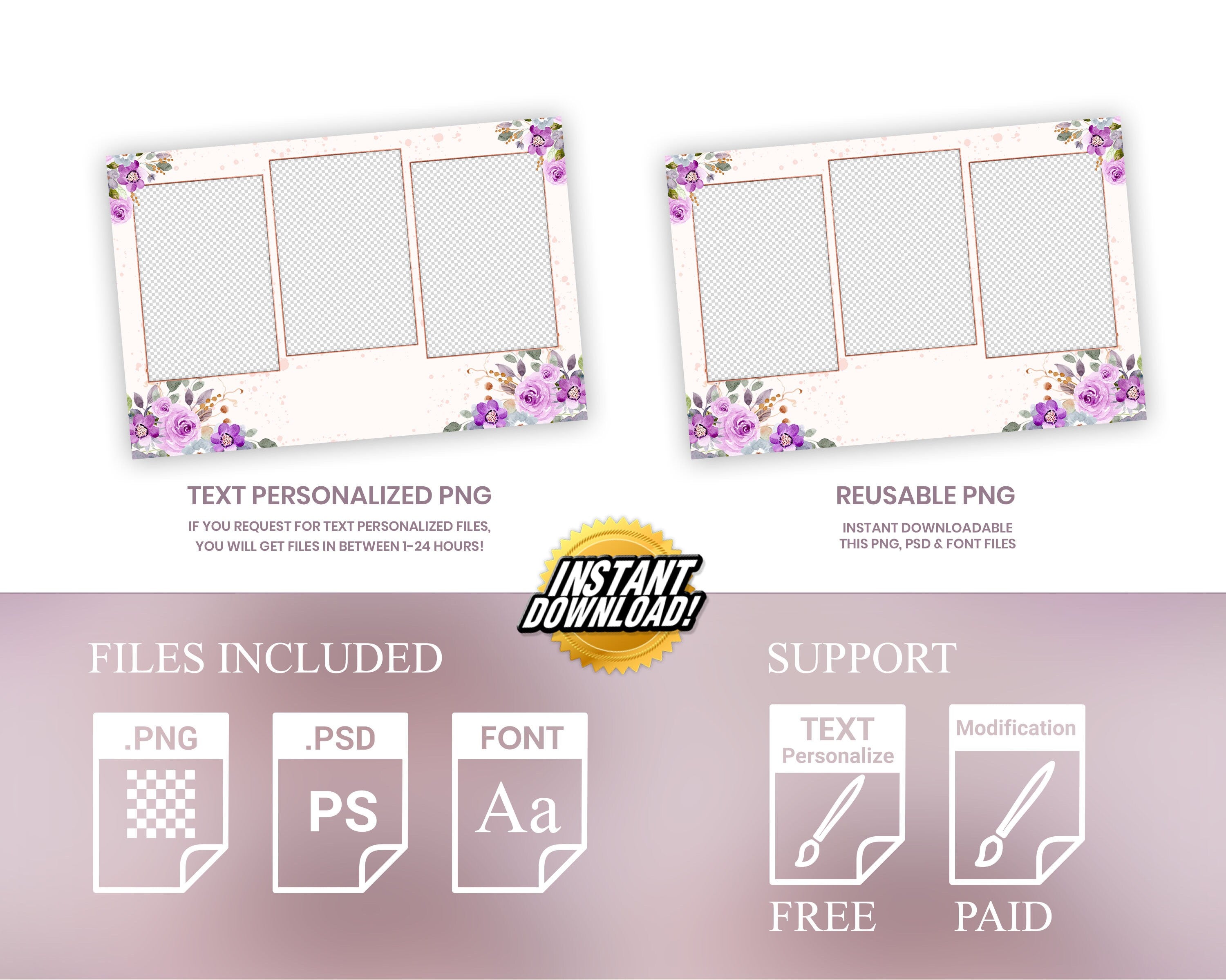 Quinceanera Sweet 16 Birthday Purple Floral Photo Booth Template Flower Greenery Gold Wedding Anniversary Bridal Shower Editable 266-6
