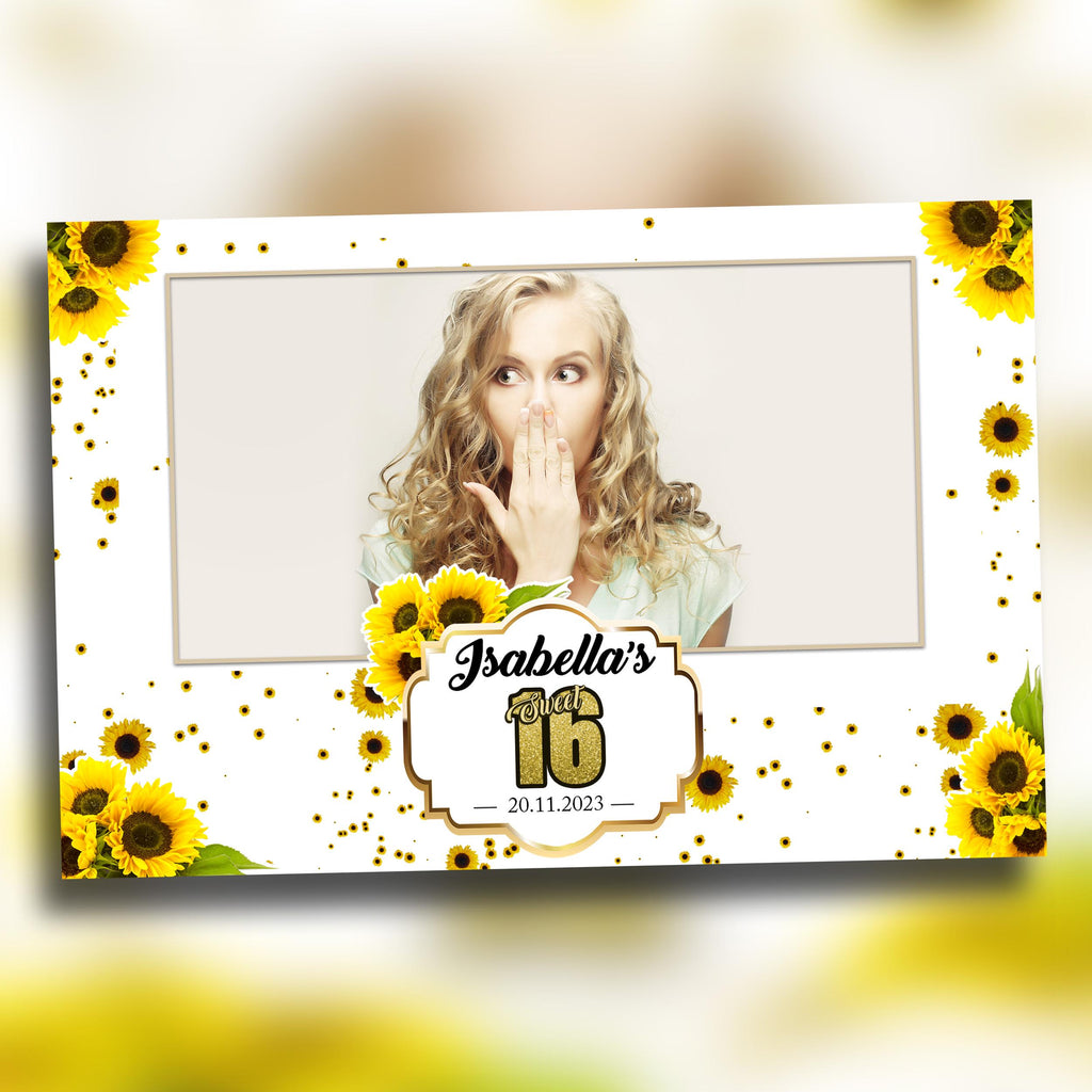 Sunflower Birthday Photobooth Template Sweet 16 Quinceañera 4x6 landscape single photo booth template with gold glitter texts - Layout 5 BM8
