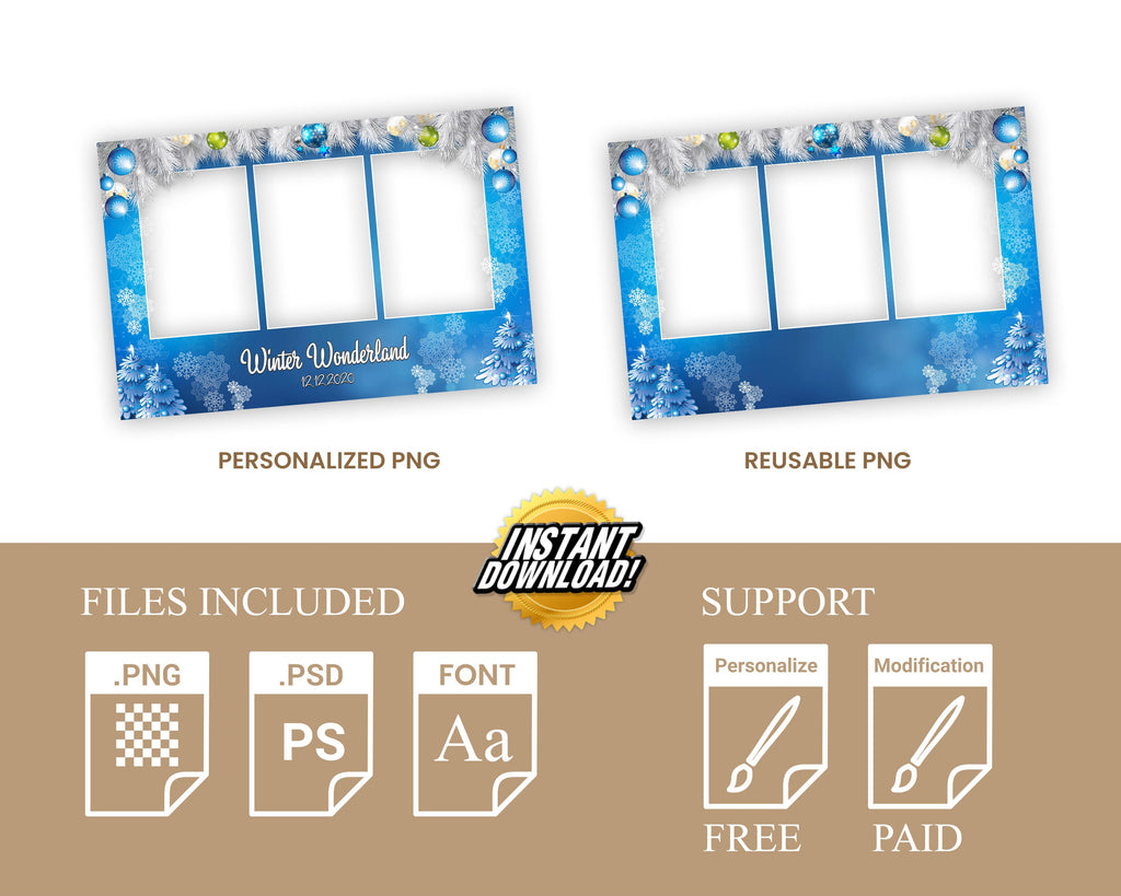Winter Wonderland & Merry Christmas Holiday Party Mirror Photobooth Template, New Year 2023 4x6 Landscape white pine tree snow flakes