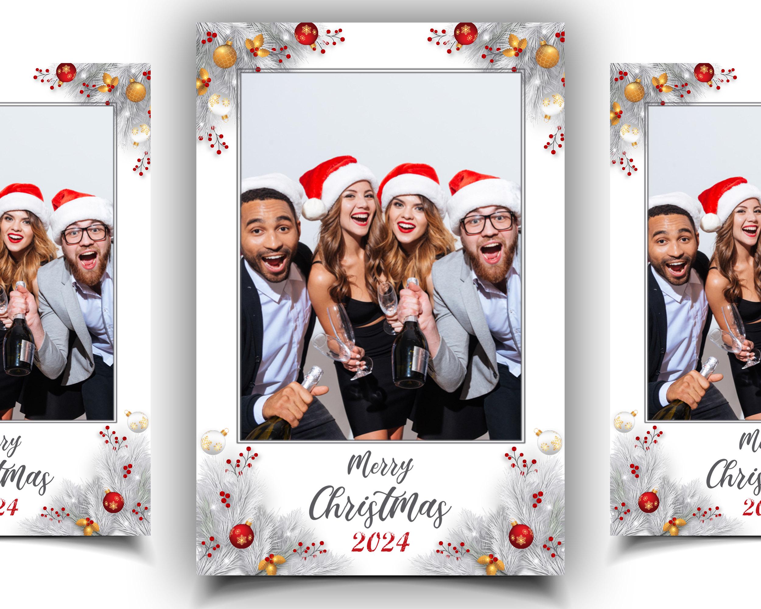 Holiday Photobooth Template white grass snow theme white red orange Christmas party photo booth template 4x6 portrait for mirror booth