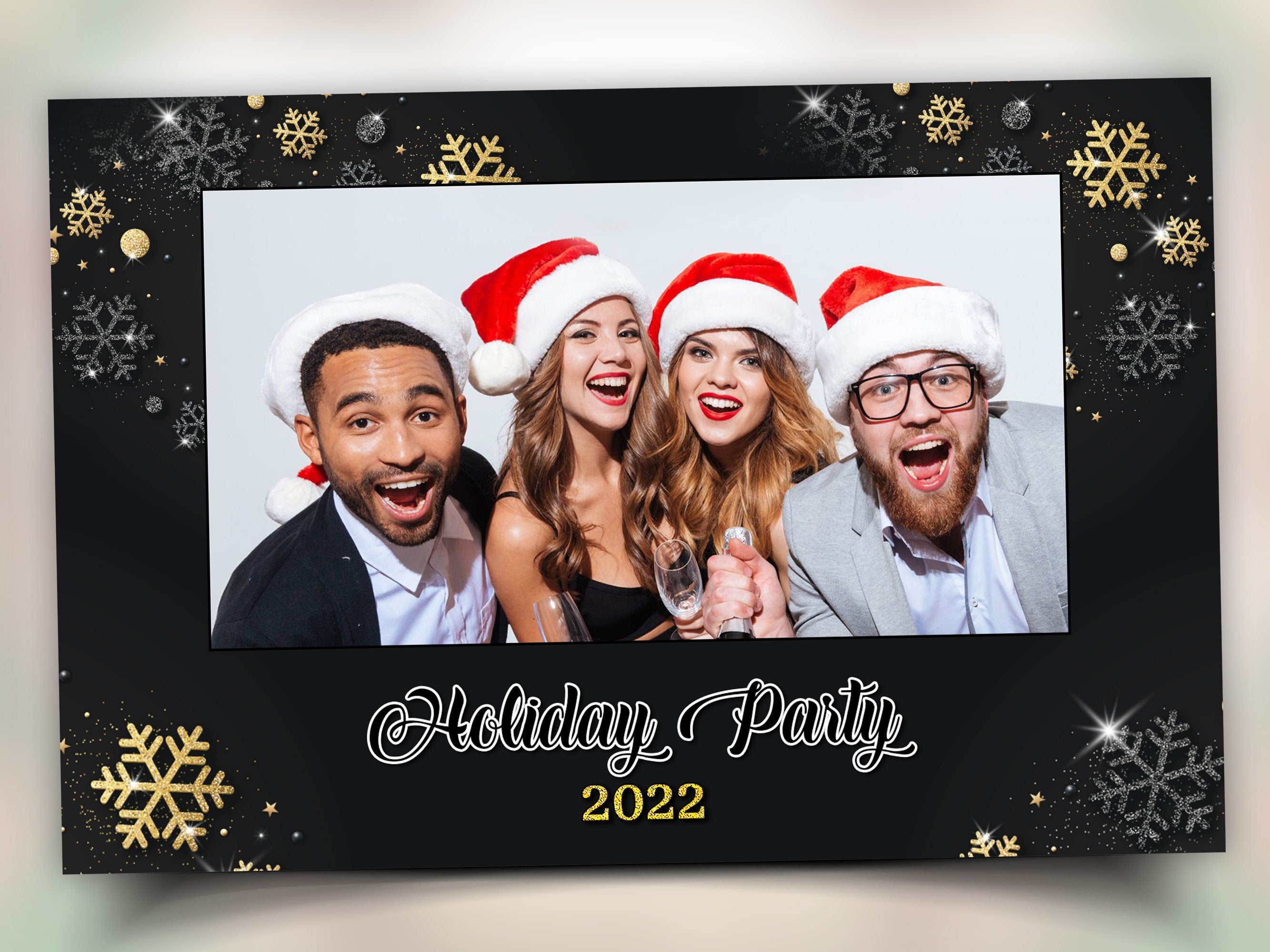 Gold Black Silver Christmas Photobooth Template 4x6 Single photo landscape Merry Christmas and New Year and Holiday photo booth Template