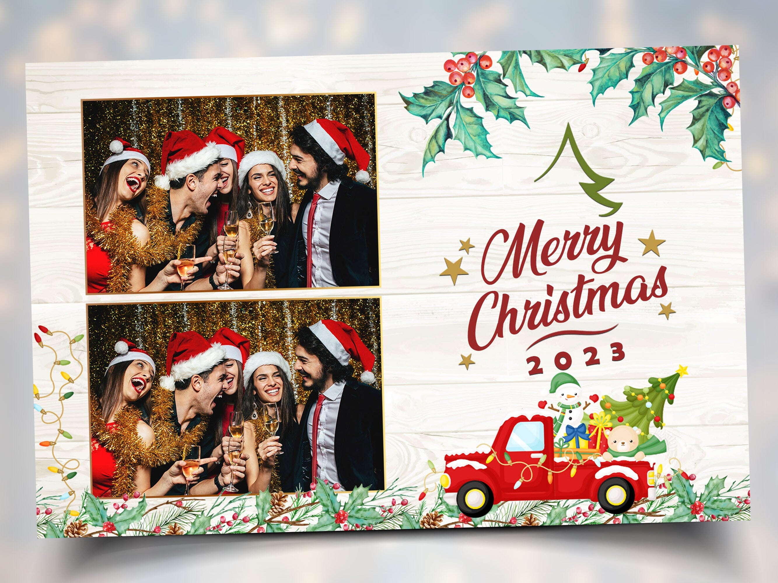 Christmas Truck Photo Booth Template, Merry Christmas and New Year 2024 Xmas 4x6 Postcard Layout 2 Photo Photobooth Template