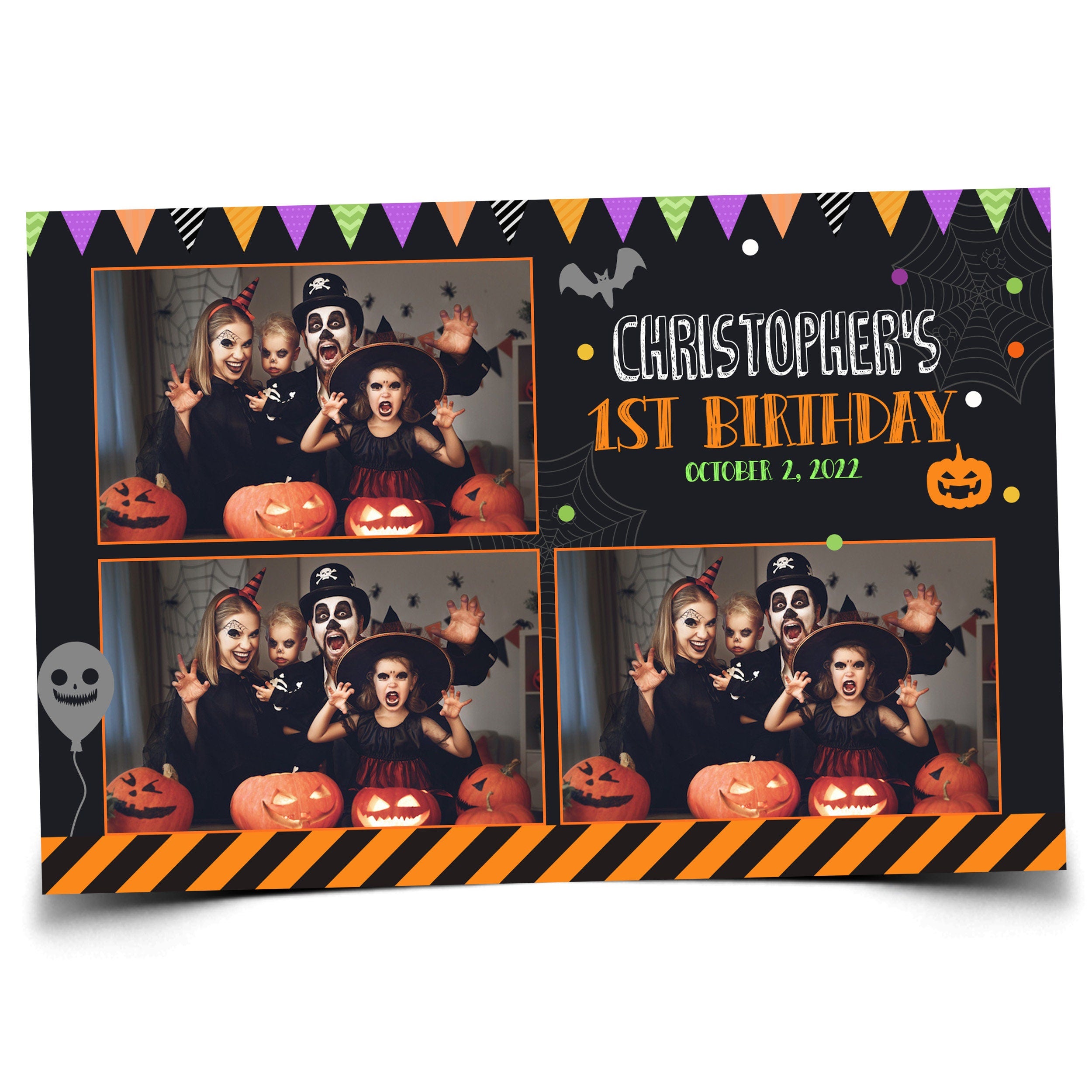 Halloween Birthday Photobooth Template 4x6 Trick or Treat Party 2024 dark color Halloween Photo booth Template postcard 3 shots PSD PNG Font