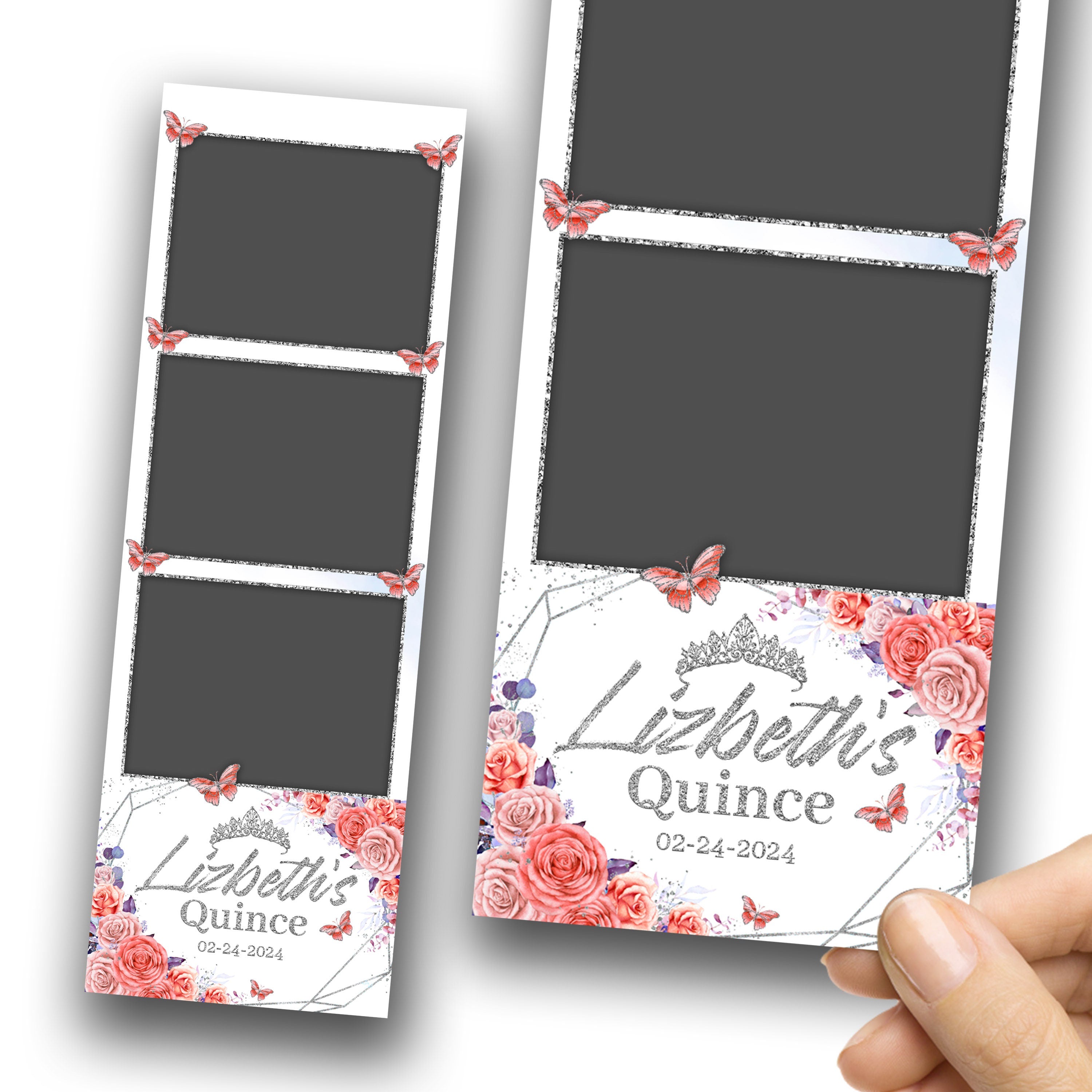 Birthday Sweet Sixteen Photobooth Template in Red Silver Sweet 16, Quinceanera, Wedding Photo Booth Template 2x6 XV