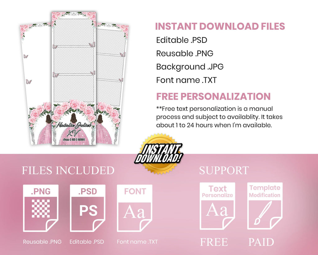 Sweet 16 Photobooth Template, Quinceanera Photo Booth, Birthday, Mis, Quince, Quinceañera, Light Pink Flower, Floral, Butterfly, XV, 1109