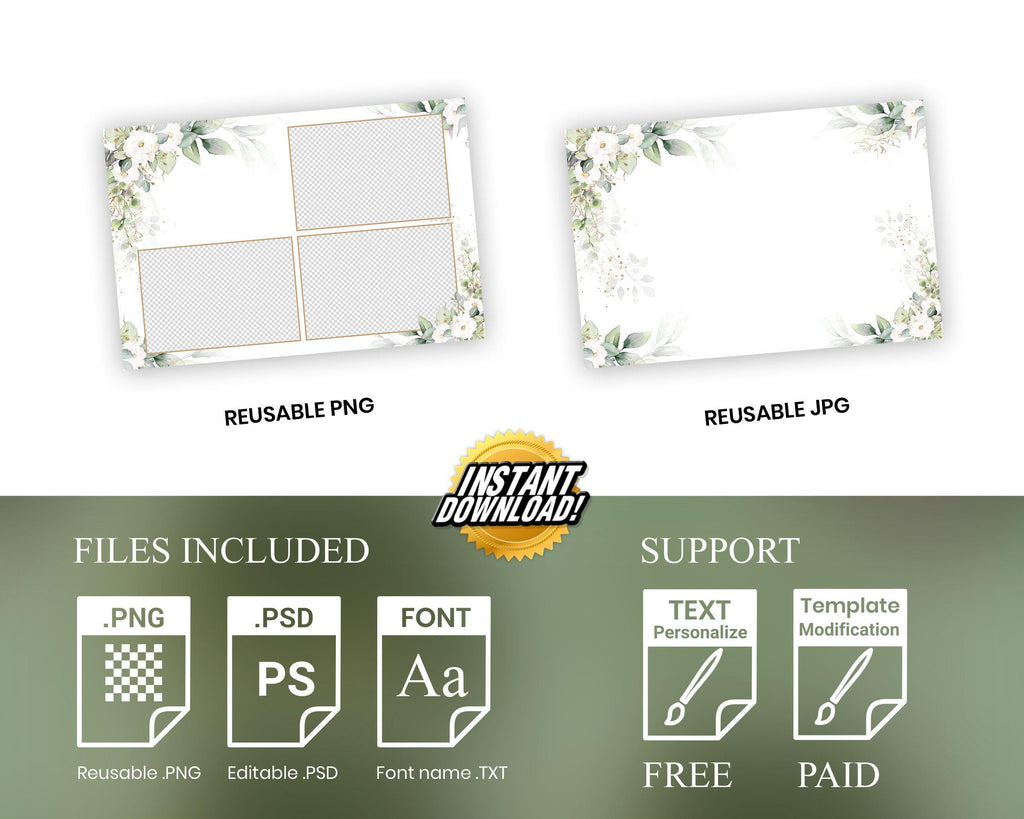 Wedding Photobooth Template, Anniversary Photobooth, Bridal Shower Photobooth, Greenery Floral White Flower Photo Booth Template, 1430