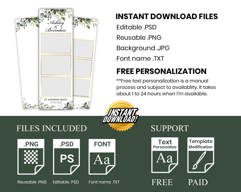 Sage Green Wedding Anniversary Bridal Shower Photobooth Template 2x6 strip 724