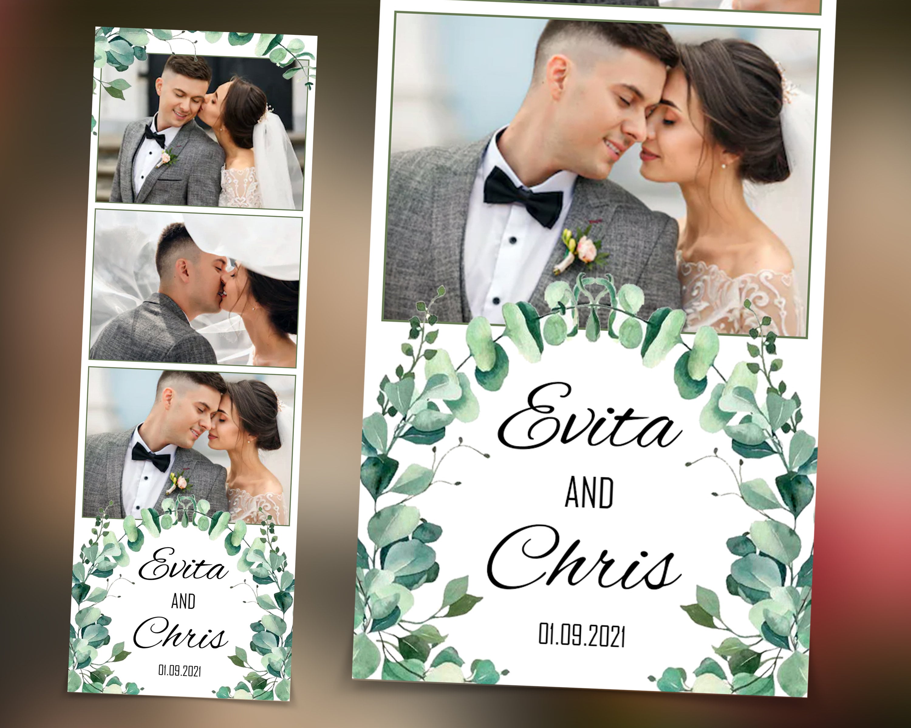 Wedding Bridal Shower green Photobooth Template Floral leaves Anniversary Photo Booth Template 2x6 photo strip botanic watercolor with fonts