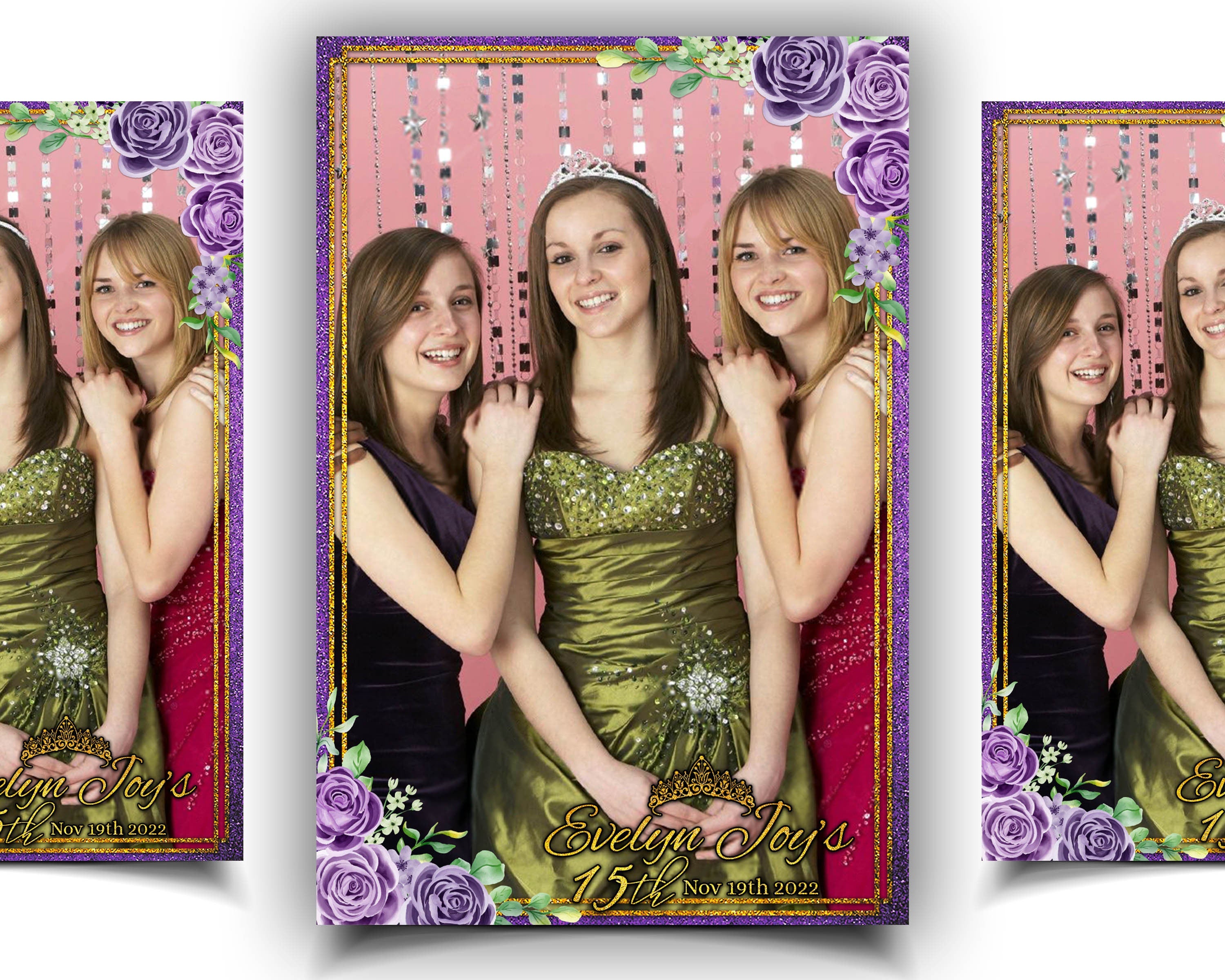 Birthday Sweet 16 Quinceañera Photobooth template Purple Floral Gold Purple Sweet 15 Quinceanera Quince Mirror Booth Mirrorbooth