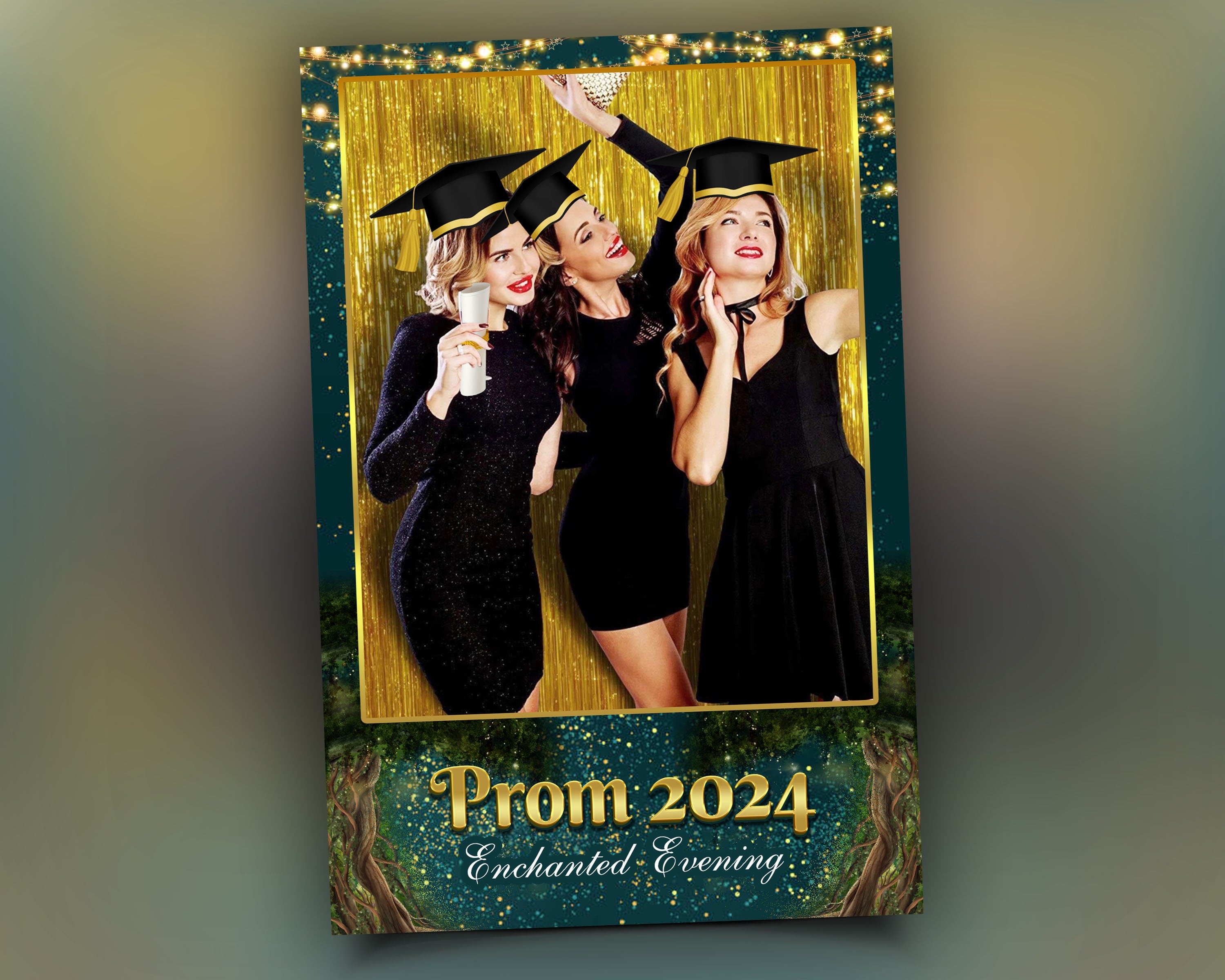 Enchanted Forest Prom 2024 Photobooth Template 4x6 portrait 1 single photo Class of 2024 Graduation Photo booth Template Green Editable PSD