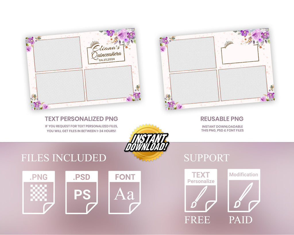 Sweet 16, Mis Quince, Purple Birthday Photo Booth Template, Purple Floral, Quinceanera, XV Photo Booth Template