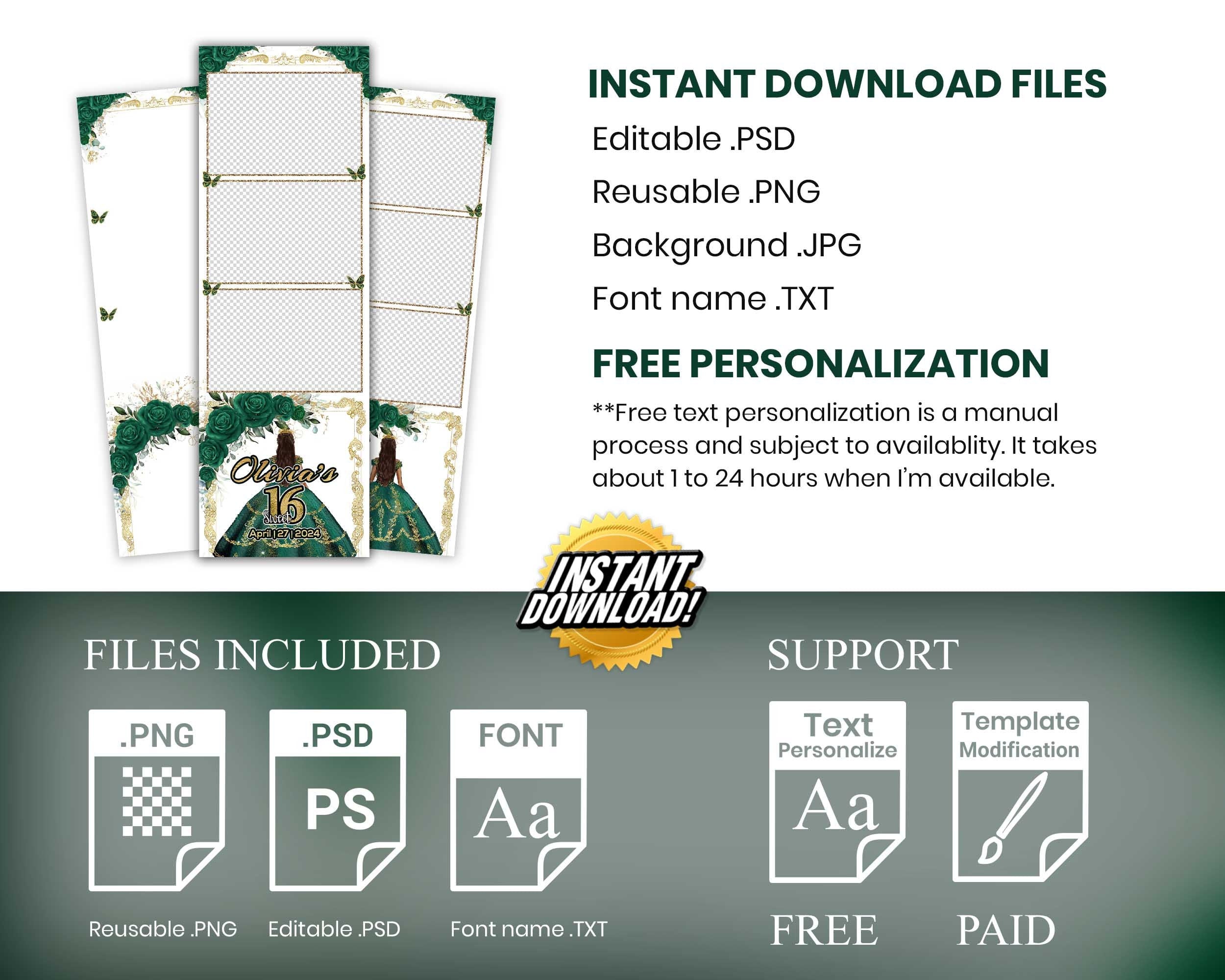 Sweet 16 Photobooth Template, Quinceanera Photo Booth, Birthday Photobooth, Quinceañera, 2x6 Strip, Red Flower, Butterfly, Green 1106